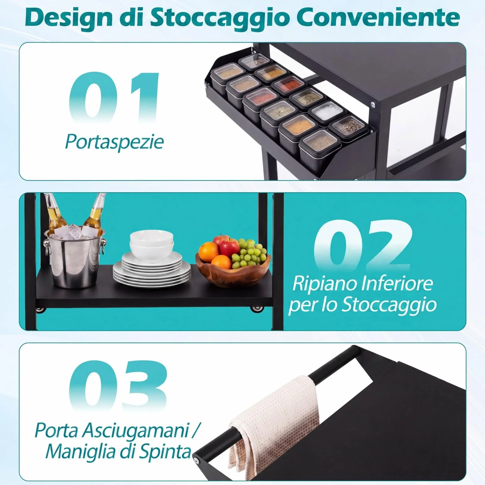 COSTWAY Carrello per Barbecue 4 Ruote, Carrello Cucina da Esterno BBQ Metallo 100x80x45 cm
