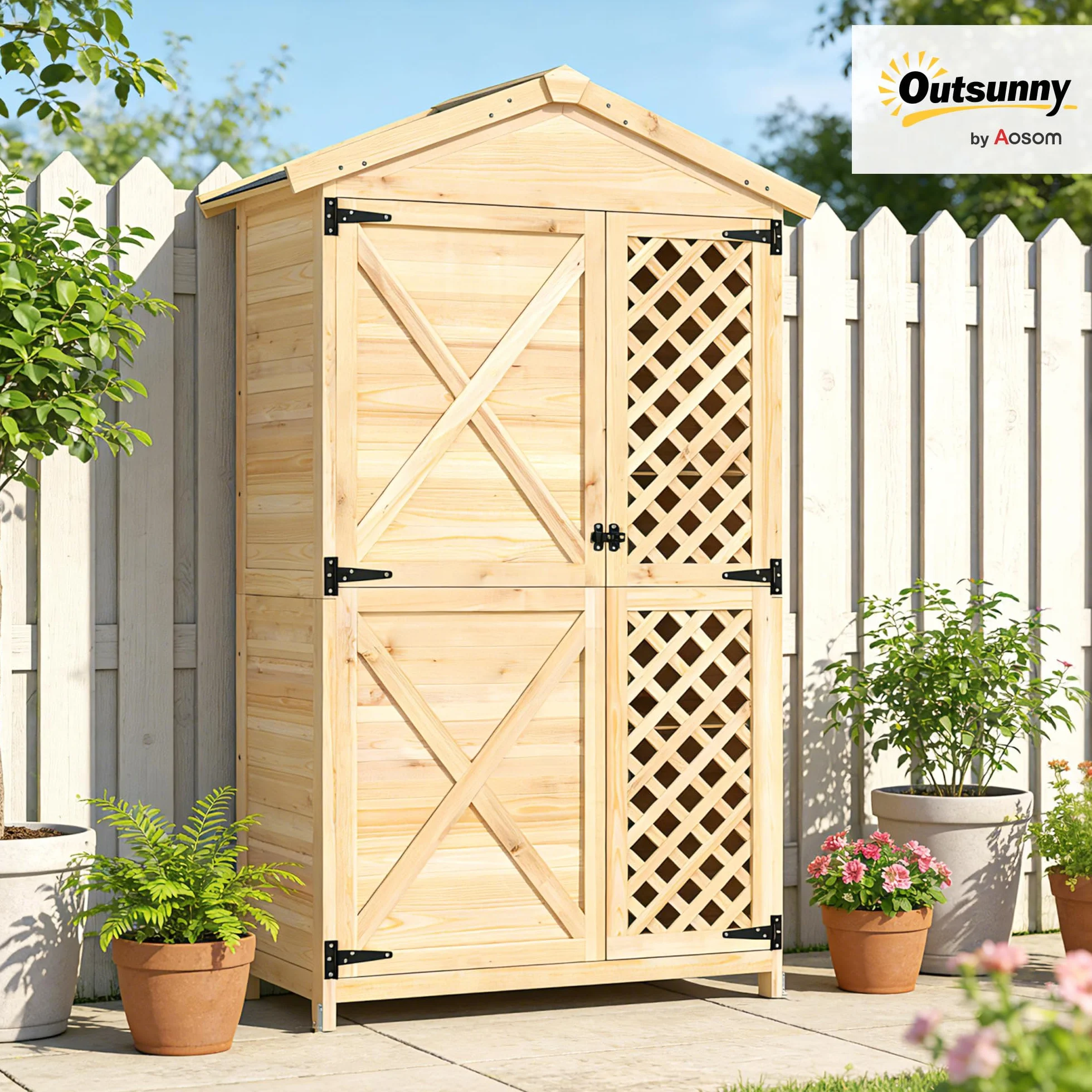 Outsunny Armadio da Giardino in Legno di Abete con Ante Ventilate e Kit Antiribaltamento, Casetta Porta Attrezzi da Esterno con Ripiani Rimovibili e Tetto Inclinato in Asfalto, Colore Legno