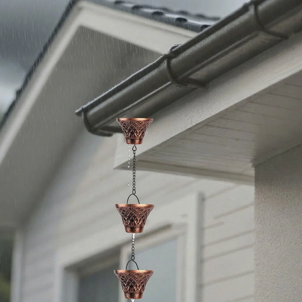 Catene da pioggia per esterni, catena per grondaia da 2,8 m, con 12 tazze a imbuto, catena di ricambio per grondaie, catena raccogli pioggia regolabile con campana per decorazioni da giardino