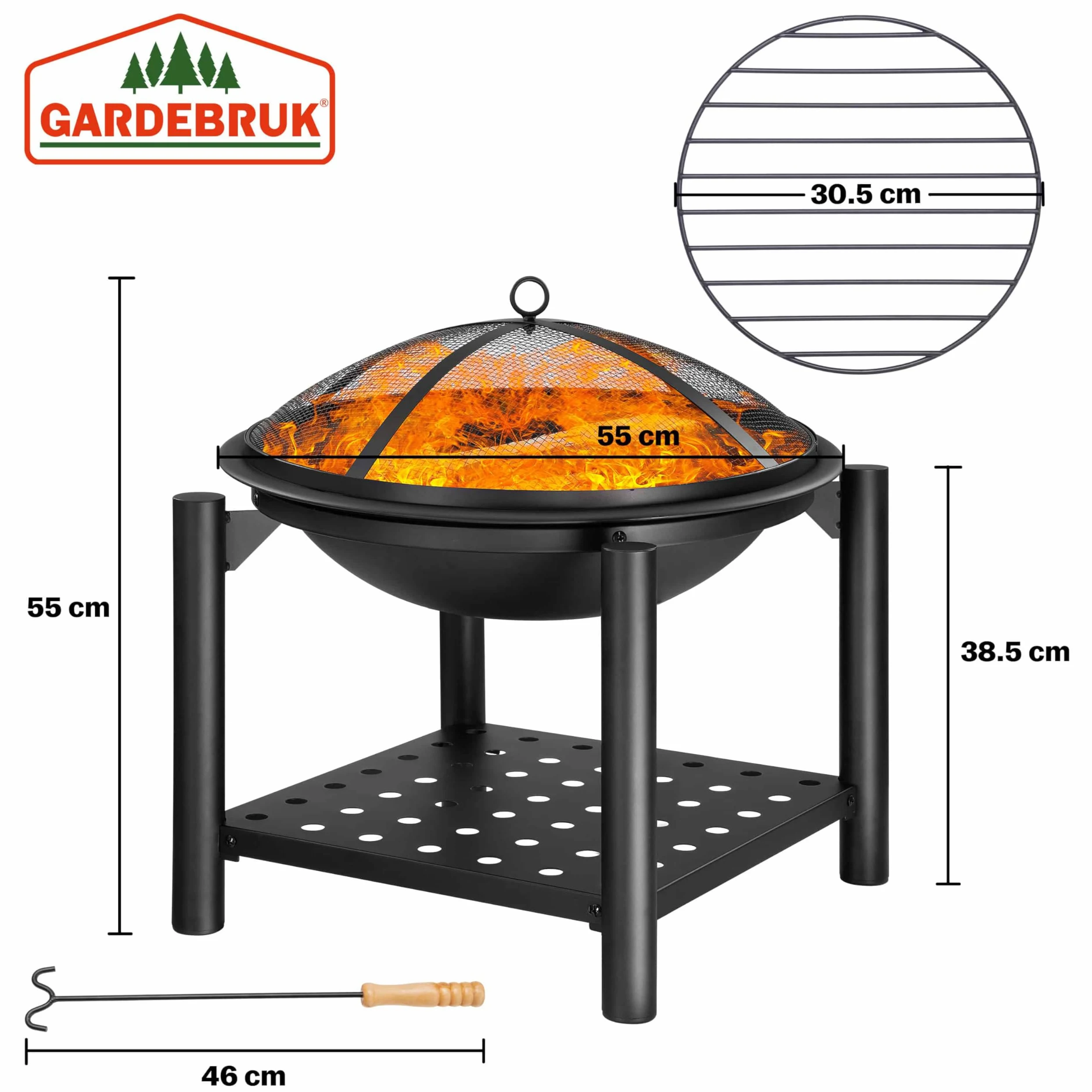 Deuba Braciere Rotondo Ø 55cm Attizzatoio Parascintille Ripiano Portaoggetti Camino Giardino Stufa