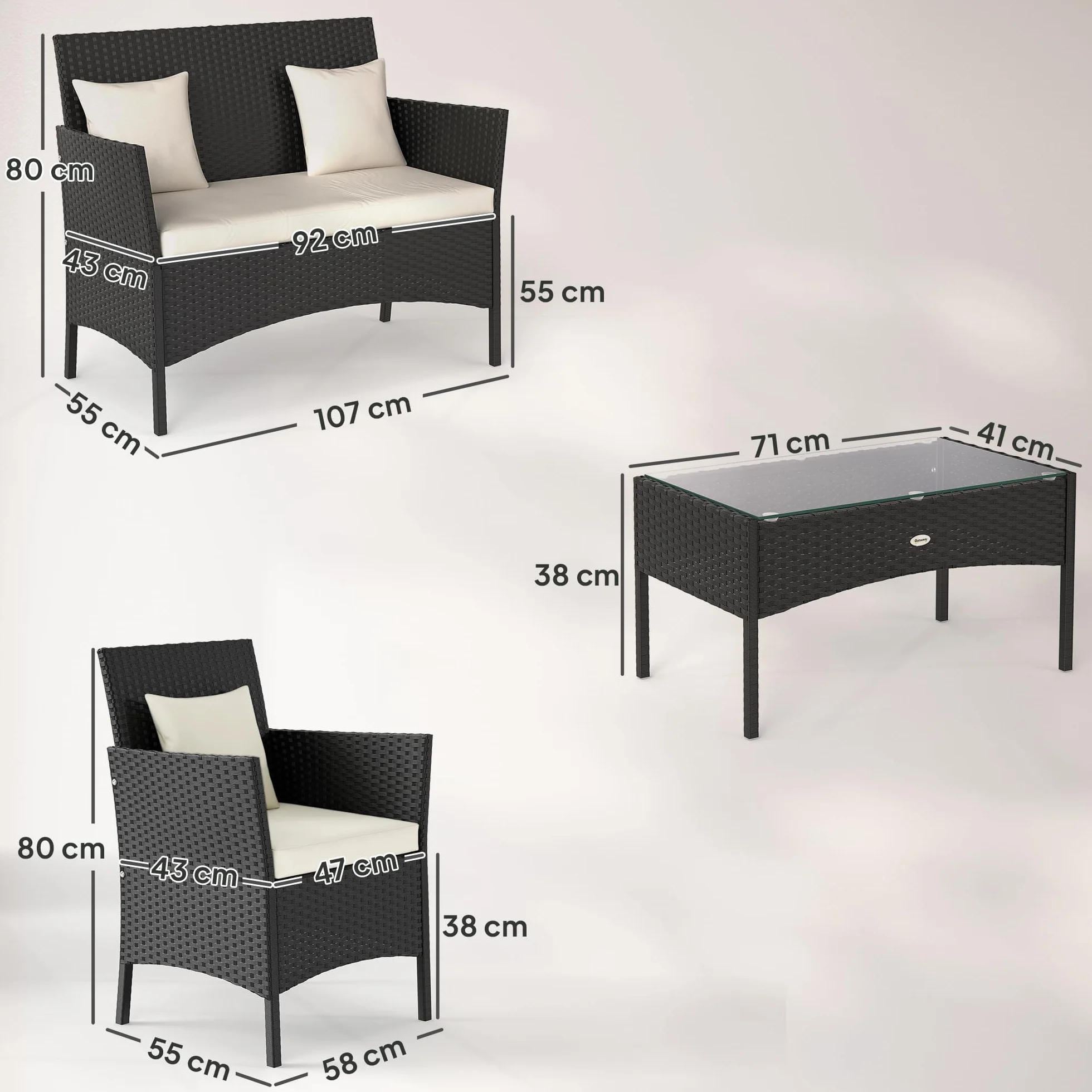 Outsunny Set da Giardino 4 Pezzi in Rattan con Sedie e Tavolino, Nero e Crema