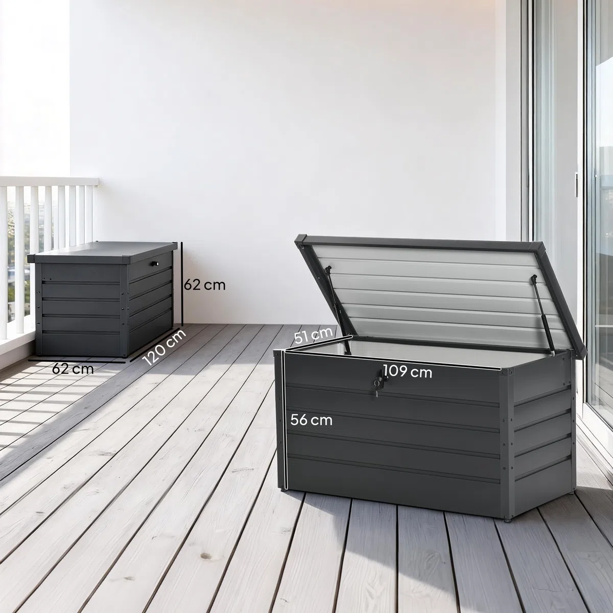 Outsunny Panca Baule Contenitore da Giardino con Chiave, Cassapanca Moderna in Acciaio, Grigio, 120x62x62cm