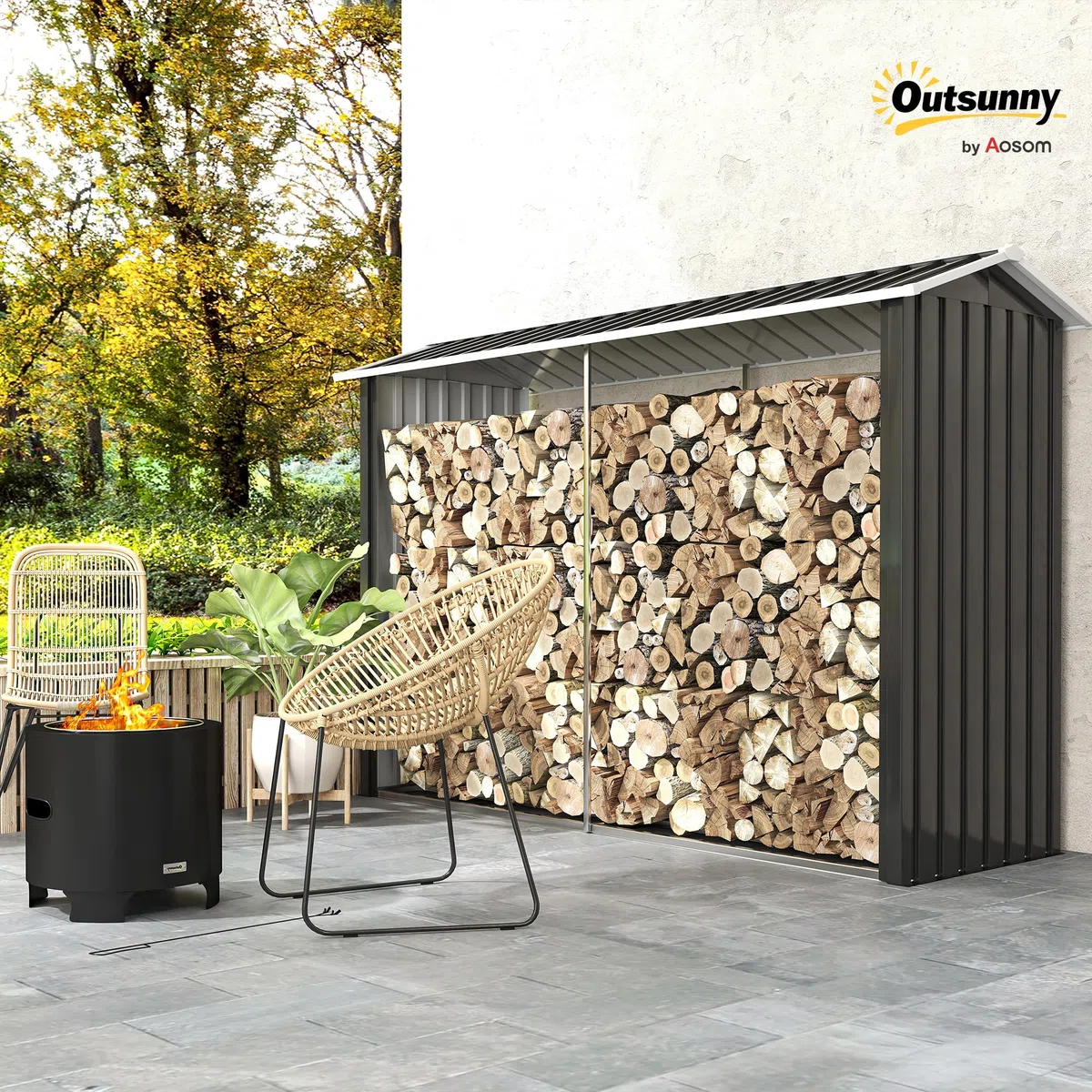 Outsunny Portalegna da Esterno Acciaio Galvanizzato 240x86x160cm Nero con Base Rialzata e Tetto Inclinato