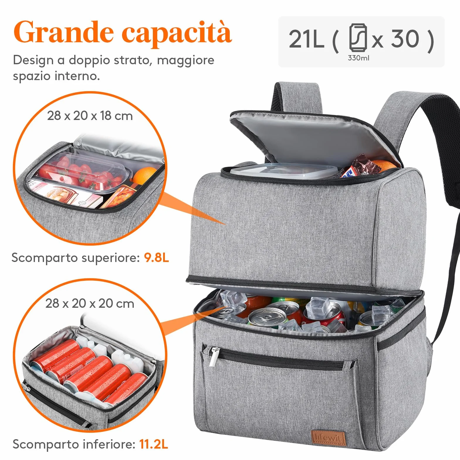 Lifewit Zaino Termico Borsa Frigo 21L Grande Doppio Strato Tenuta Stagna Portatile Grigio