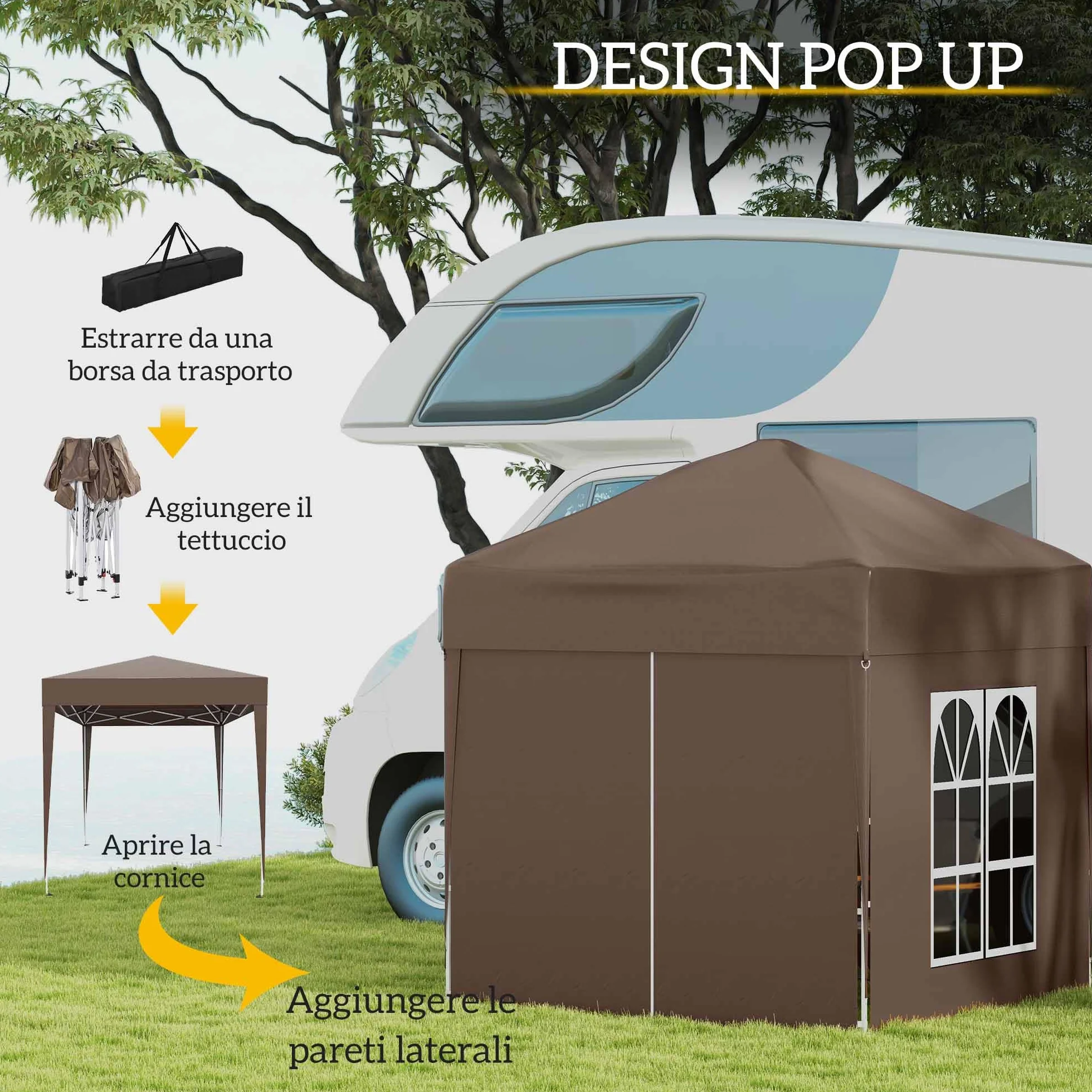 Outsunny Gazebo 2x2 m Pop-up Impermeabile con 4 Pareti Rimovibili, Marrone