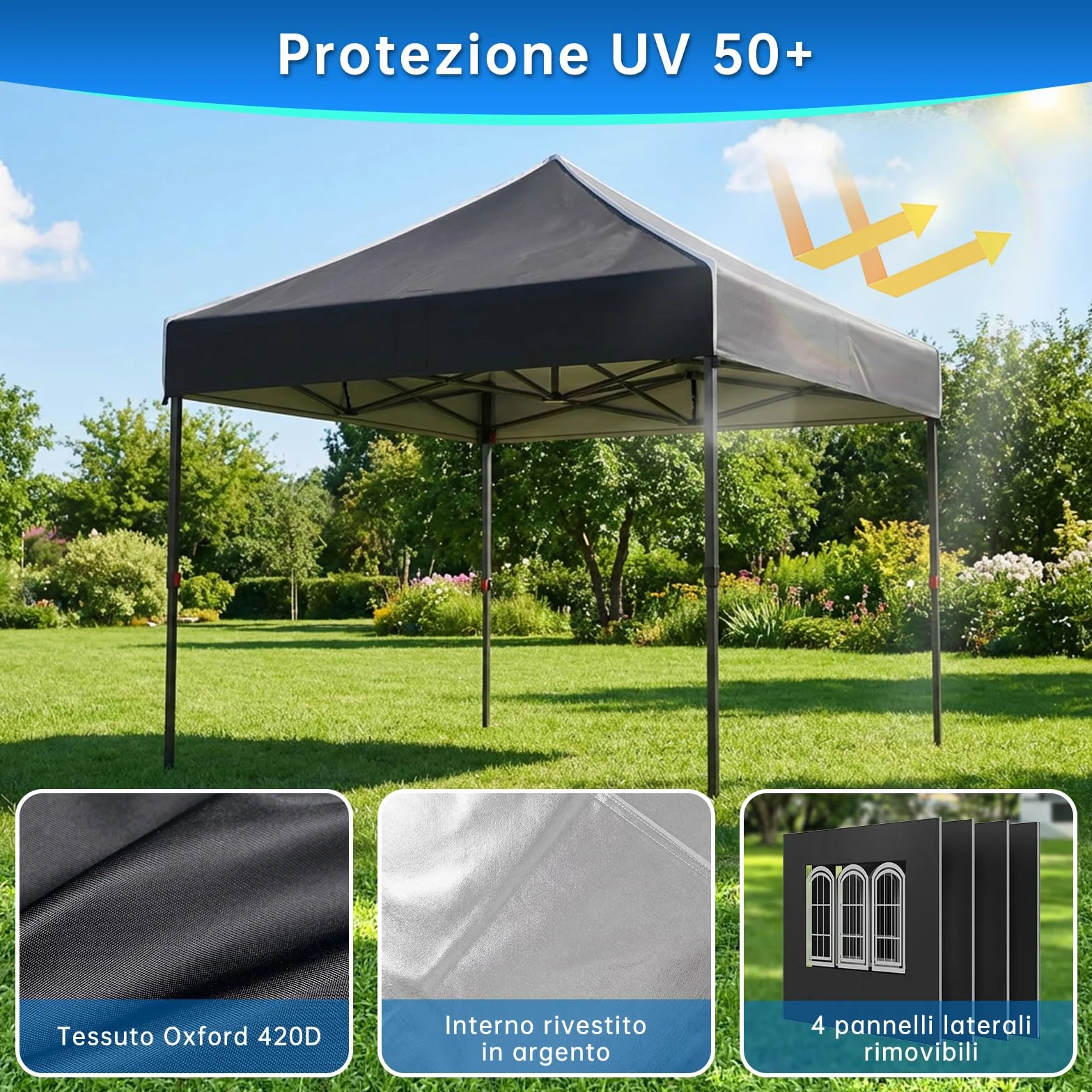 Devoko Gazebo 3x3 impermeabile pieghevole con pareti laterali protezione UV 50+ nero