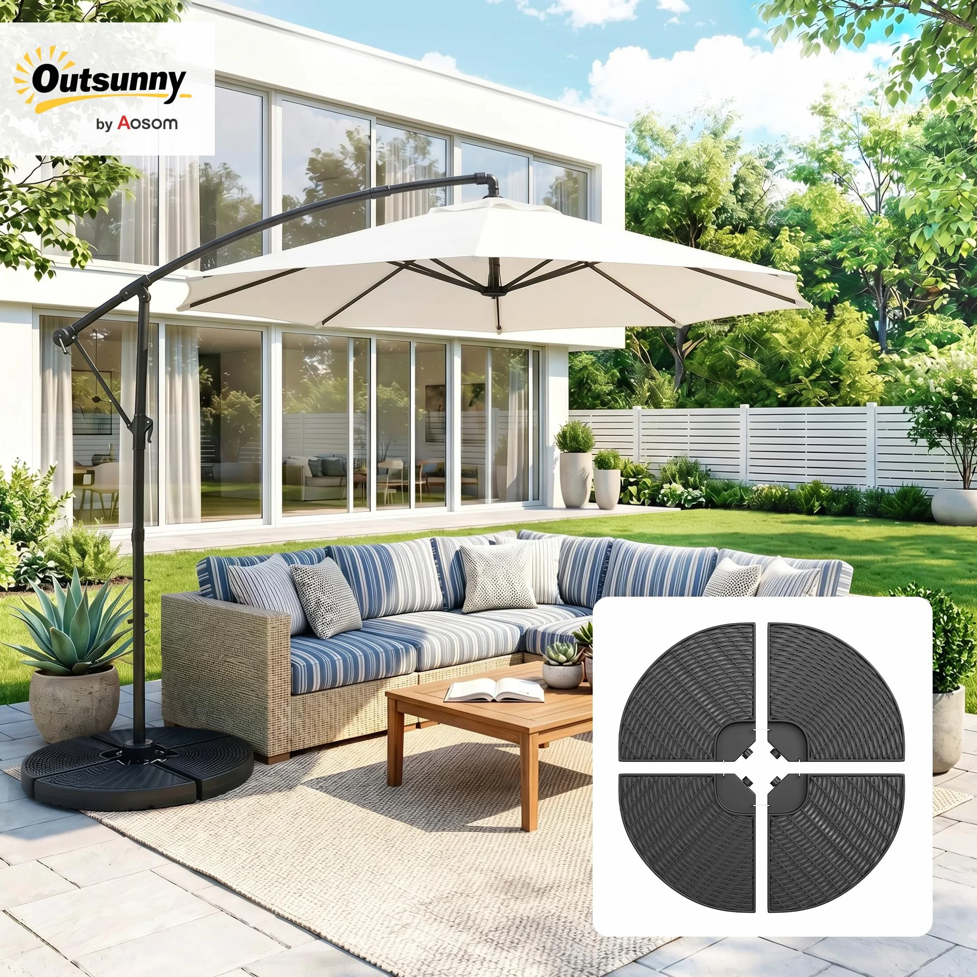 Outsunny Base per Ombrellone a Braccio da 4 Pezzi in HDPE Riempibili con Acqua e Sabbia, Ø100x8 cm, Nero
