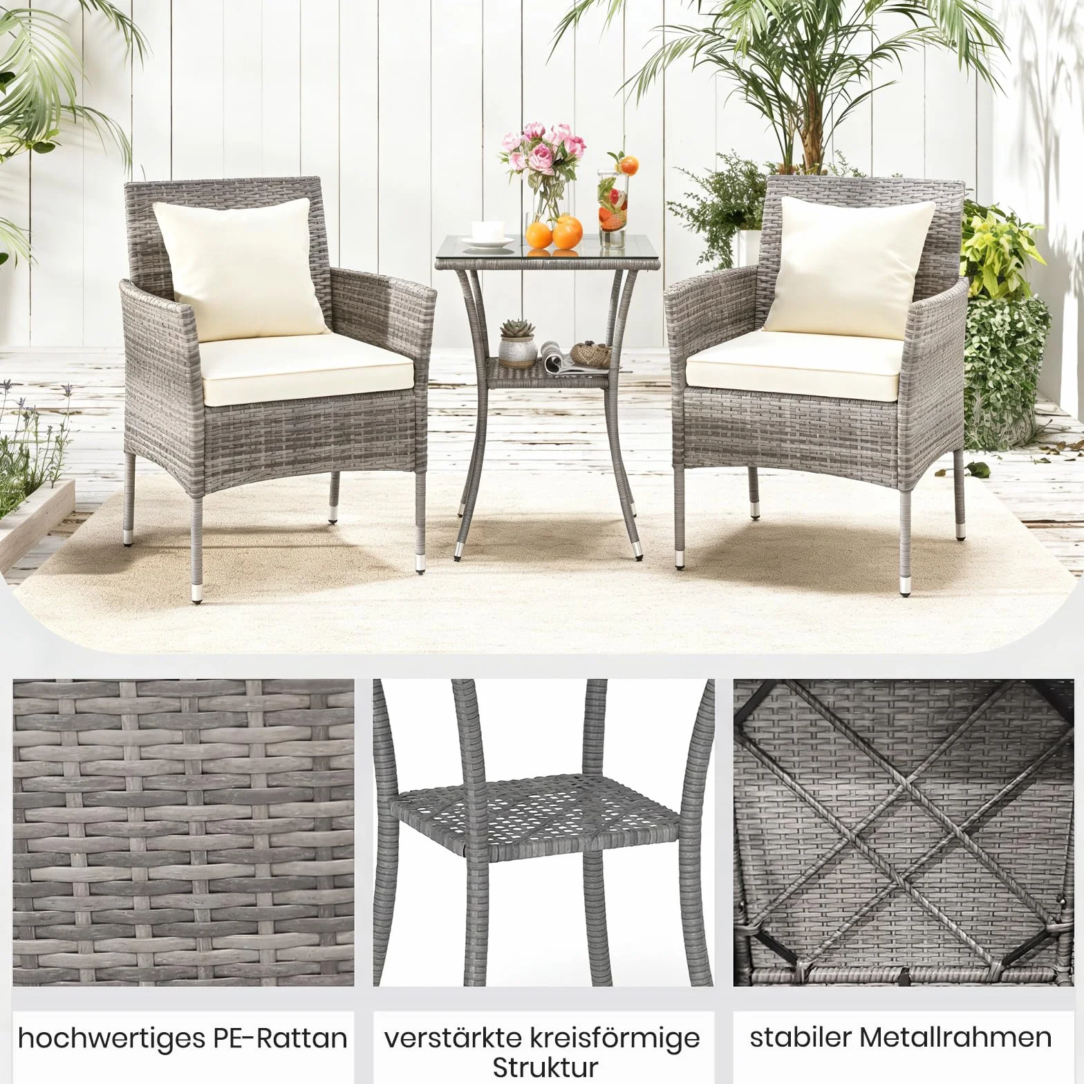 GIANTEX Set Mobili da Balcone 3 Pezzi, Tavolo e 2 Sedie in Rattan con Cuscini