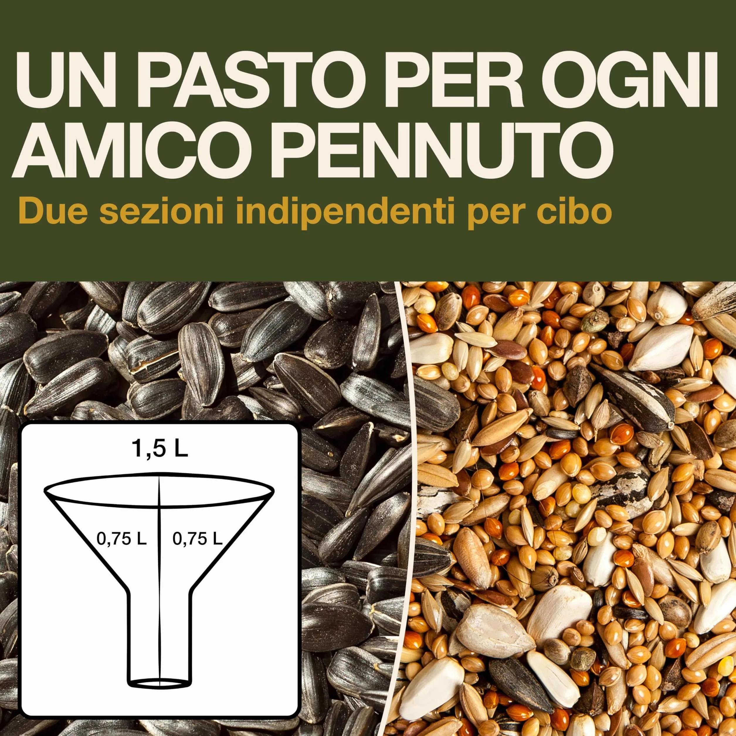SWISSINNO Mangiatoia per Uccellini da Esterno Davos SMART BIRDS Casetta Cibo Uccelli Selvatici 2 Scomparti Antispreco Verde