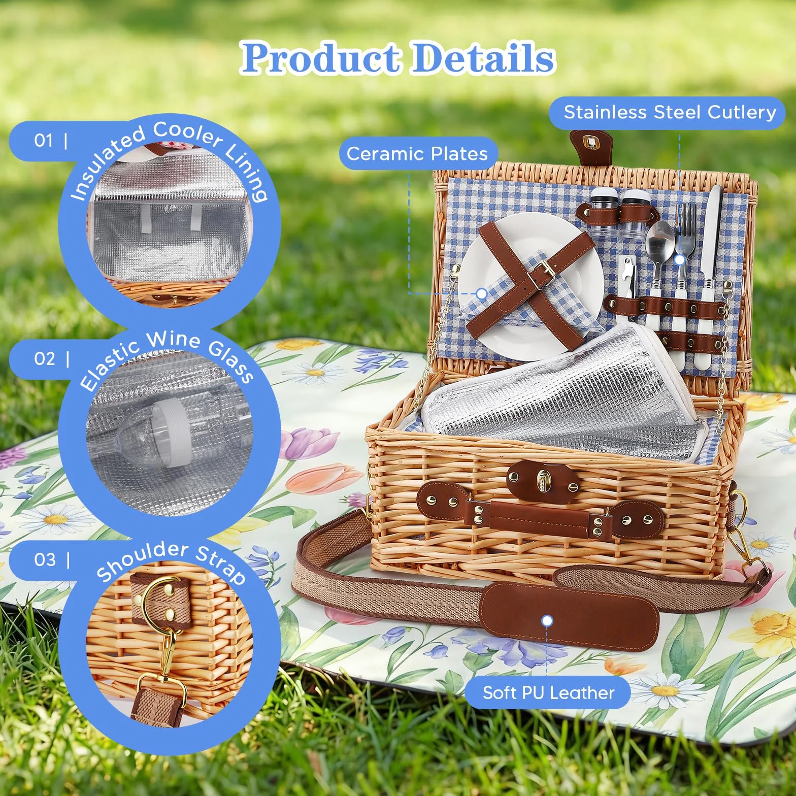 Cesto da Picnic in Vimini per 2 Persone con Scomparto Termico, Blu