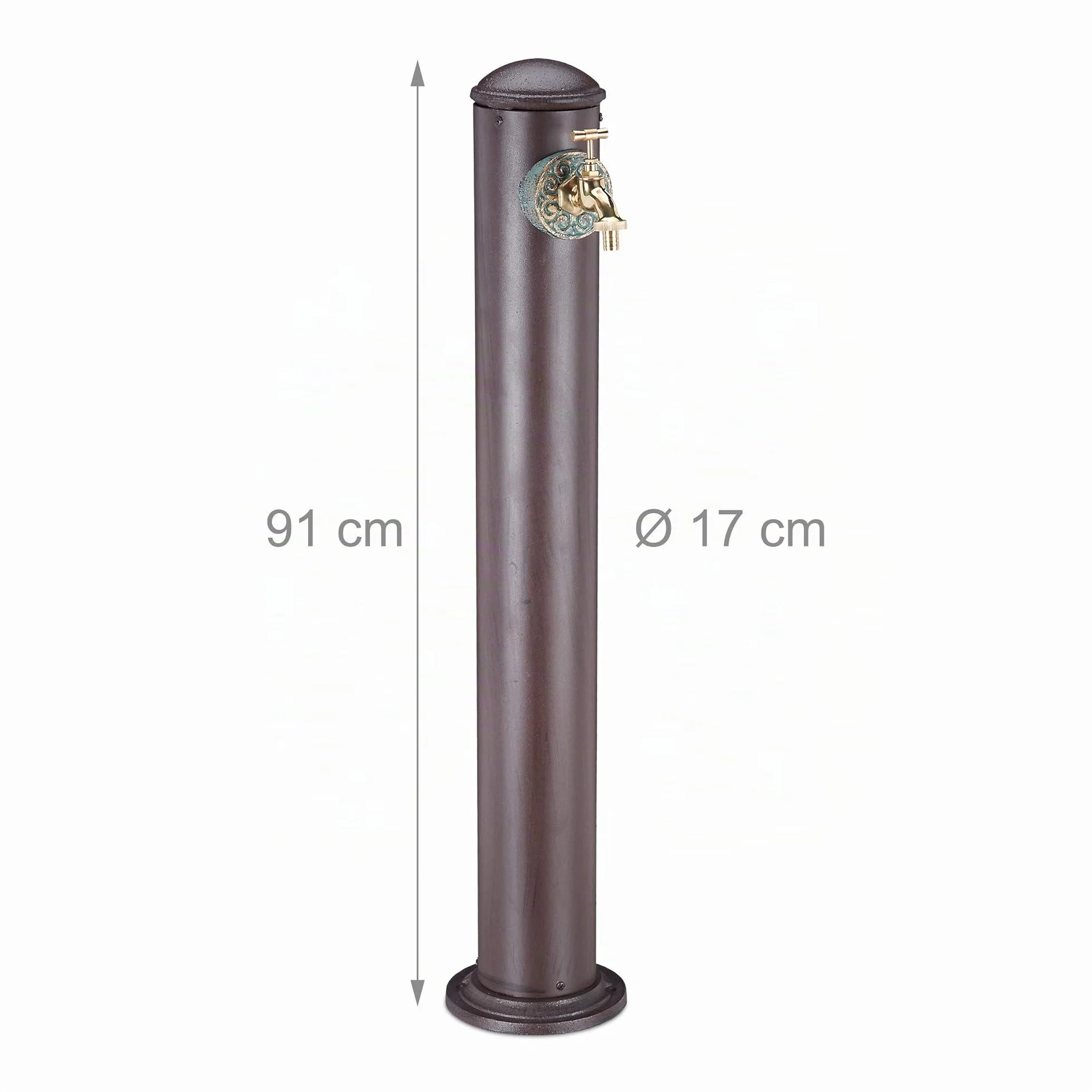 Relaxdays Fontana a Colonna da Giardino, Antica, con Rubinetto, Attacco da 3/4 Pollici, Rotonda, Alta 91 cm, Marrone