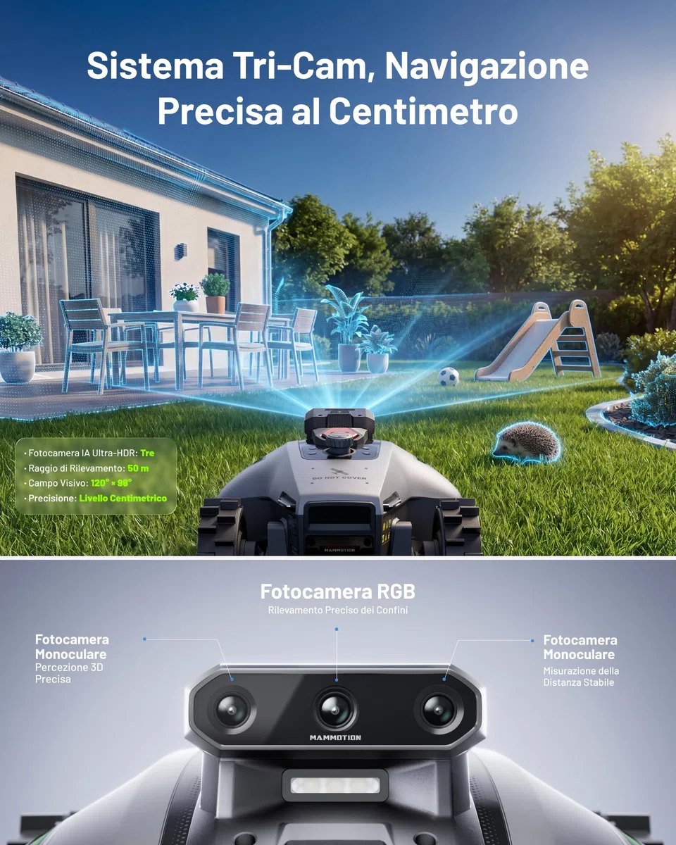 MAMMOTION YUKA mini 2 500 Robot Tagliaerba senza Filo Perimetrale, Nessuna Perdita di Segnale, Senza RTK, Visione AI Tri-Cam, DropMow, Mappatura Auto Multi-zona