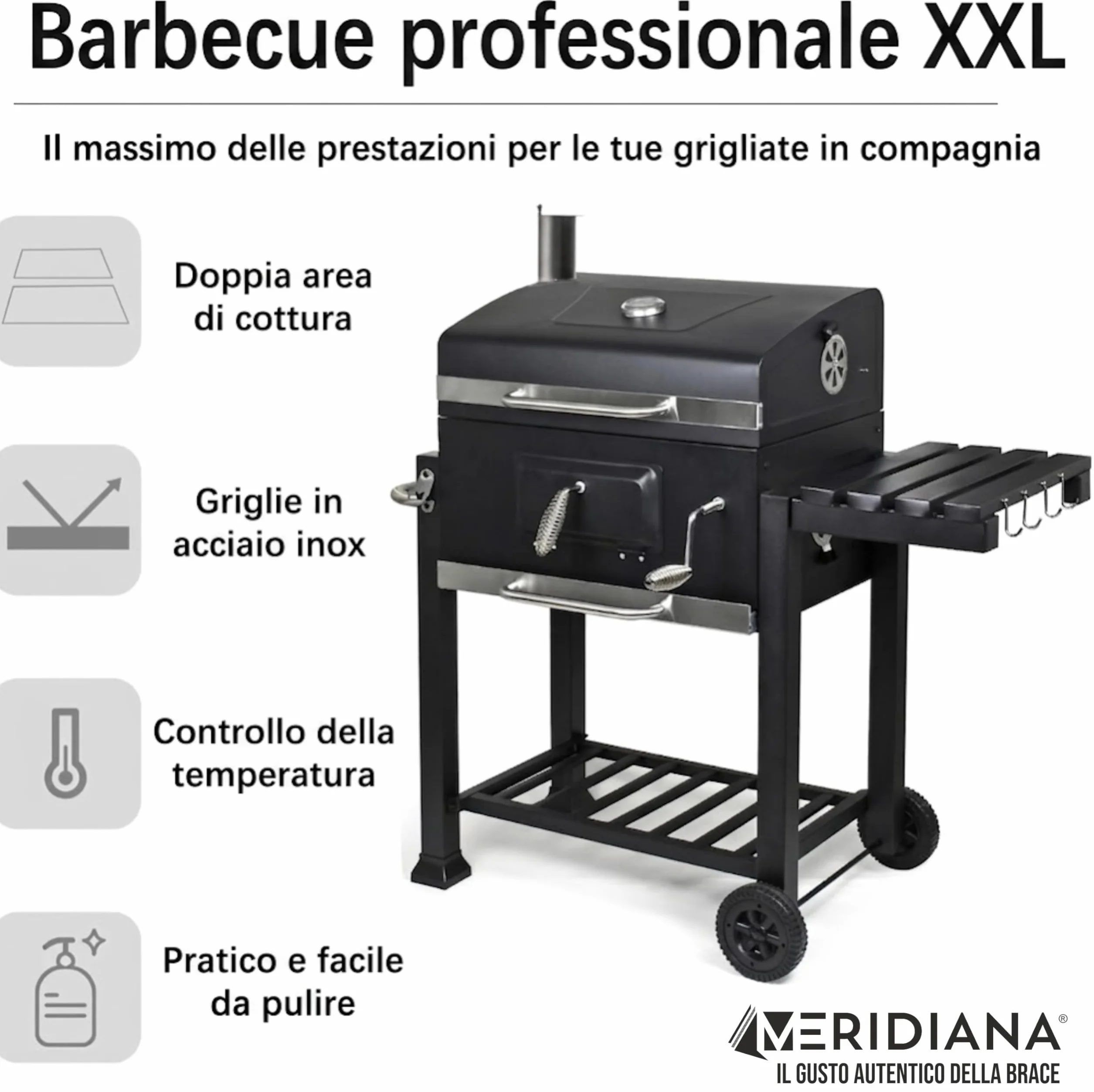 Meridiana Barbecue a Carbonella XXL con Coperchio e Termometro, Griglia in Acciaio Inox