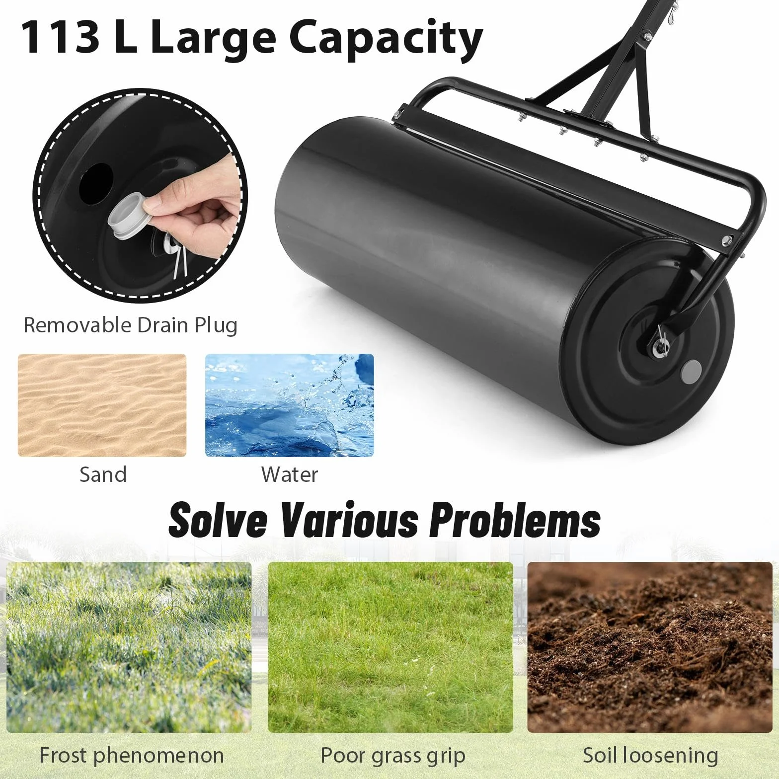 SOARS Rullo da Giardino Ø40 cm e 90 di Larghezza, Rullo da Prato in Metallo Manuale e per Trattorino, Rullo con Raschiatore Antisporco e Riempibile con Acqua/Sabbia (Nero, 113L)
