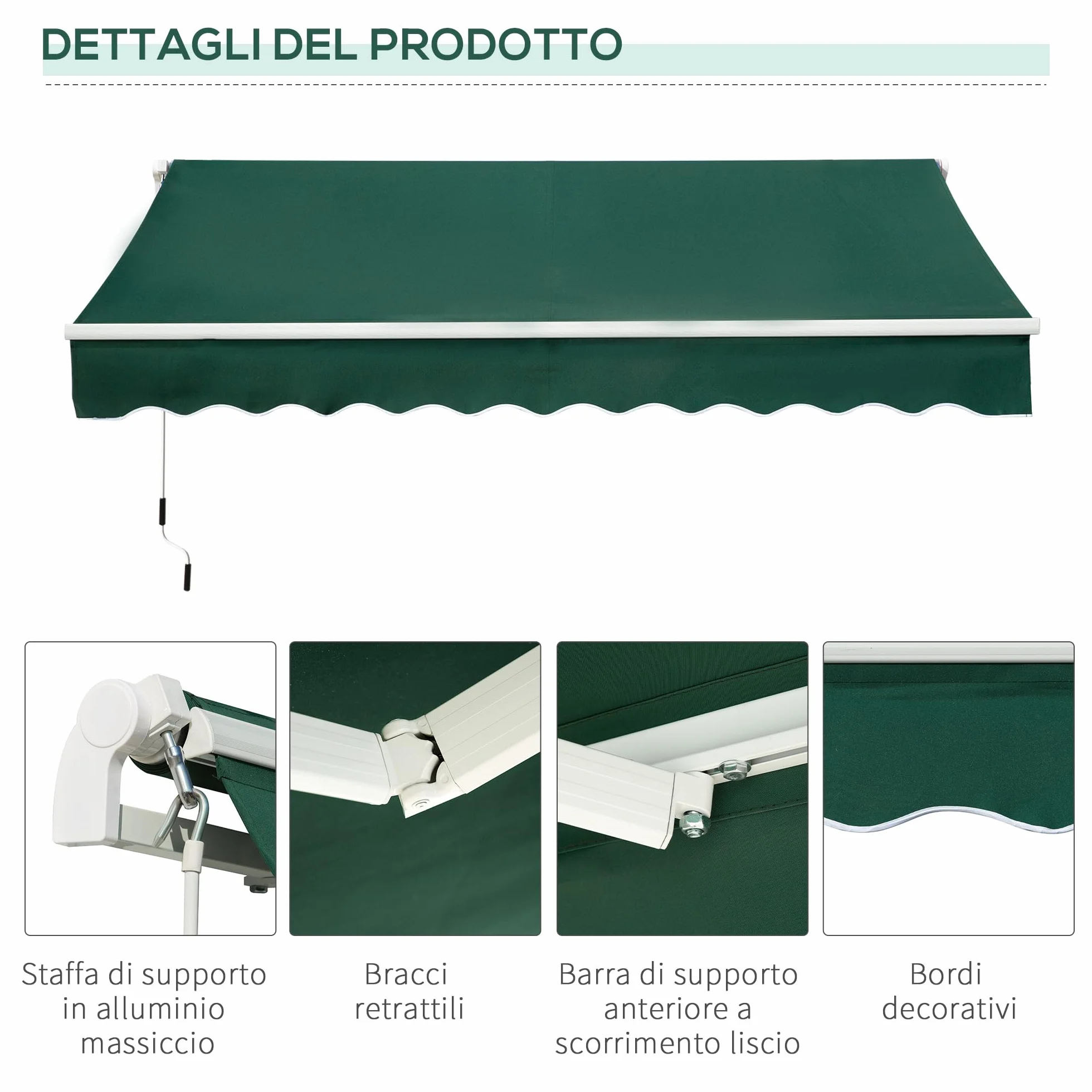 Outsunny Tenda da Sole 3x2 m con Braccio Avvolgibile, Tenda Parasole da Esterno a Manovella in Alluminio e Tessuto Poliestere, Protezione UV, Verde