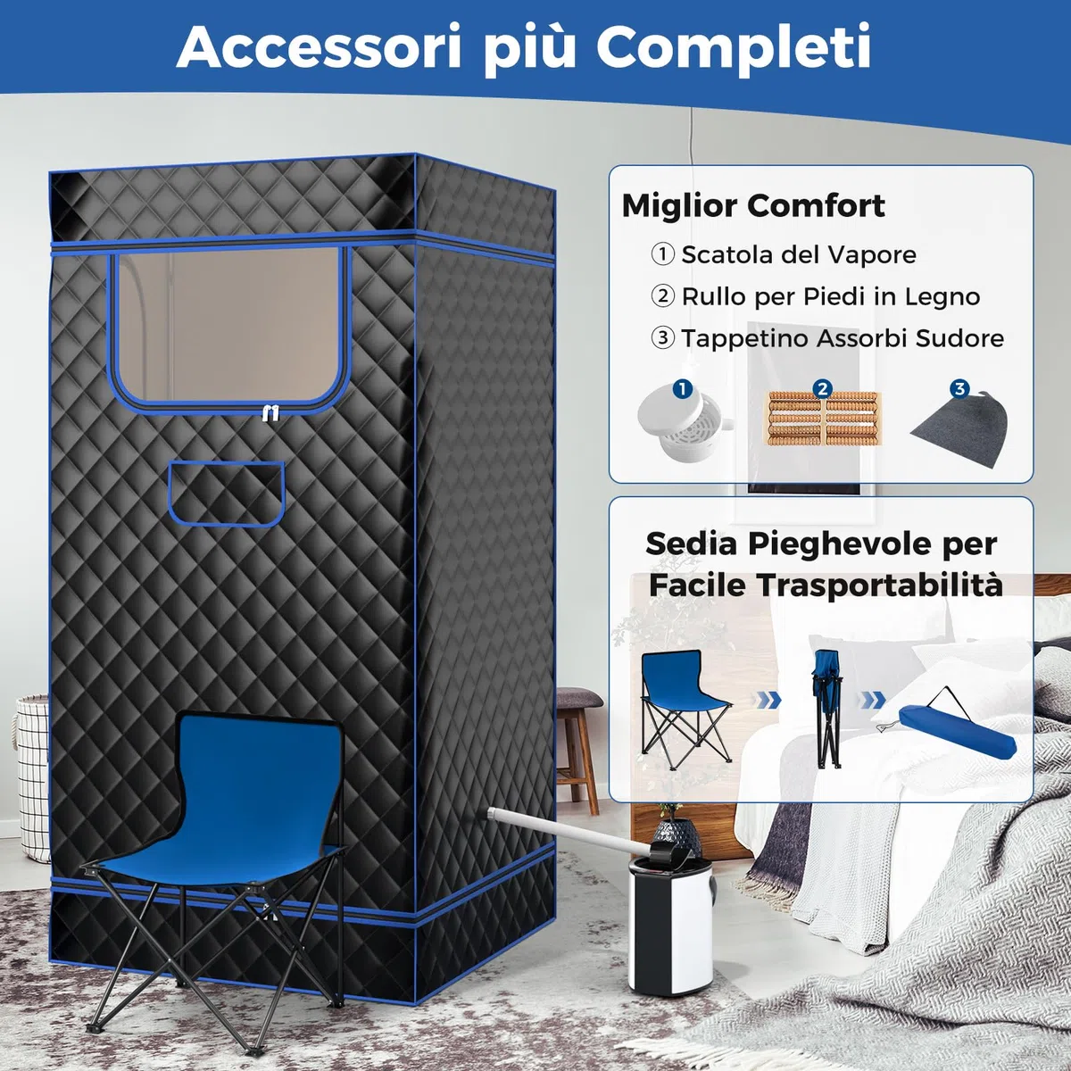 COSTWAY Cabina Sauna a Vapore 3L, Sauna da Casa con Massaggiatore per Piedi, 9 Livelli Temperatura, Timer 90 Minuti, Sedia Pieghevole, Tappetino, Nero