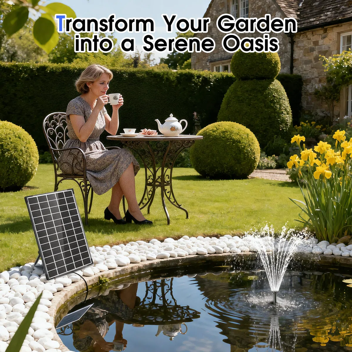 Biling Fontana solare da 12 W, per esterni, con batteria da 5000 mAh, silenziosa 300 l/h, pompa per laghetto solare con 8 ugelli con tubo, fontana solare per esterni, piccoli laghetti da giardino fino