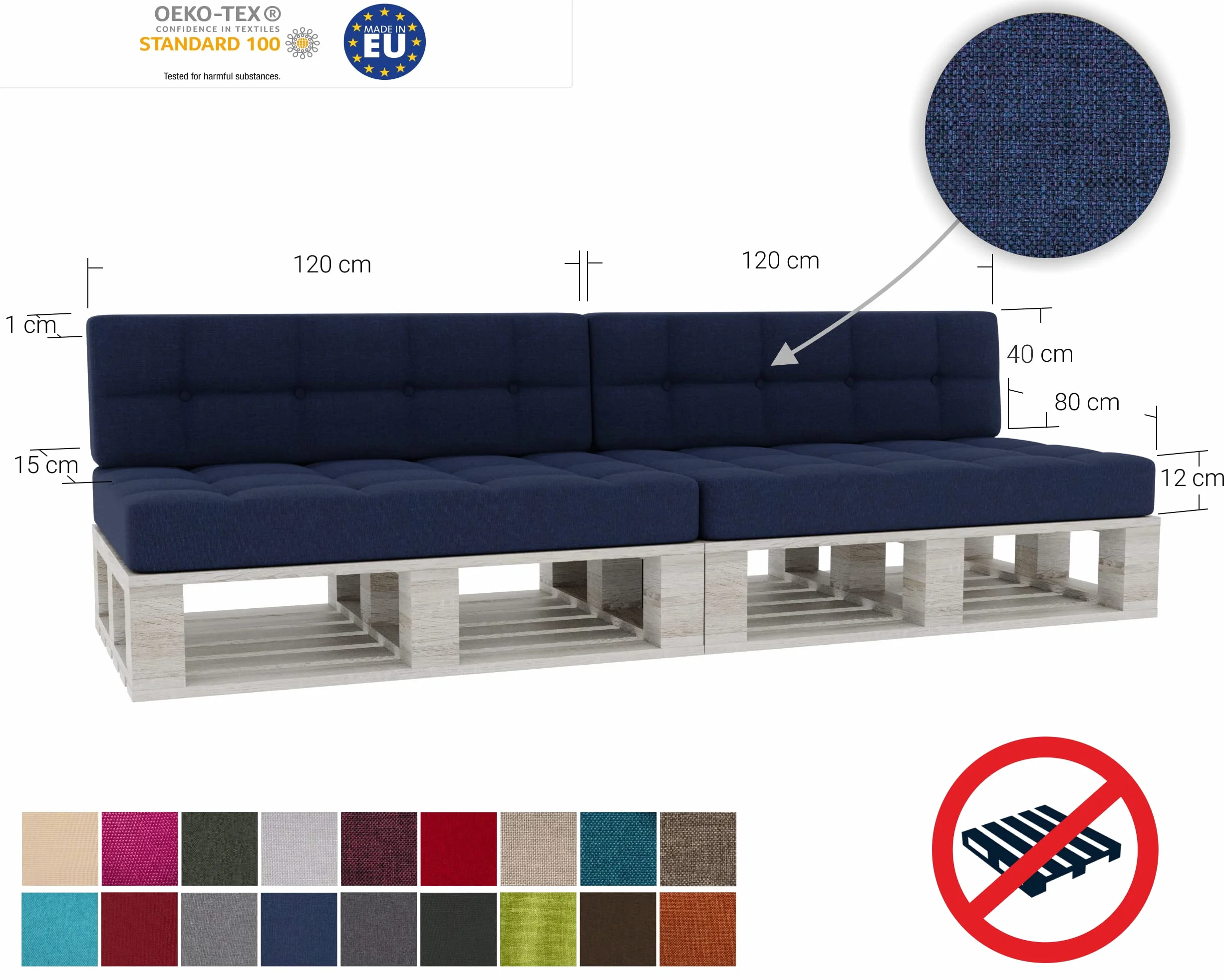 Gutekissen® Cuscini per pallet Cuscini trapuntati con bottoni, Cuscini per pallet trapuntato PFG 2xSet (Cuscino di seduta 120x80 +Schienale 120x40), Navy Blau
