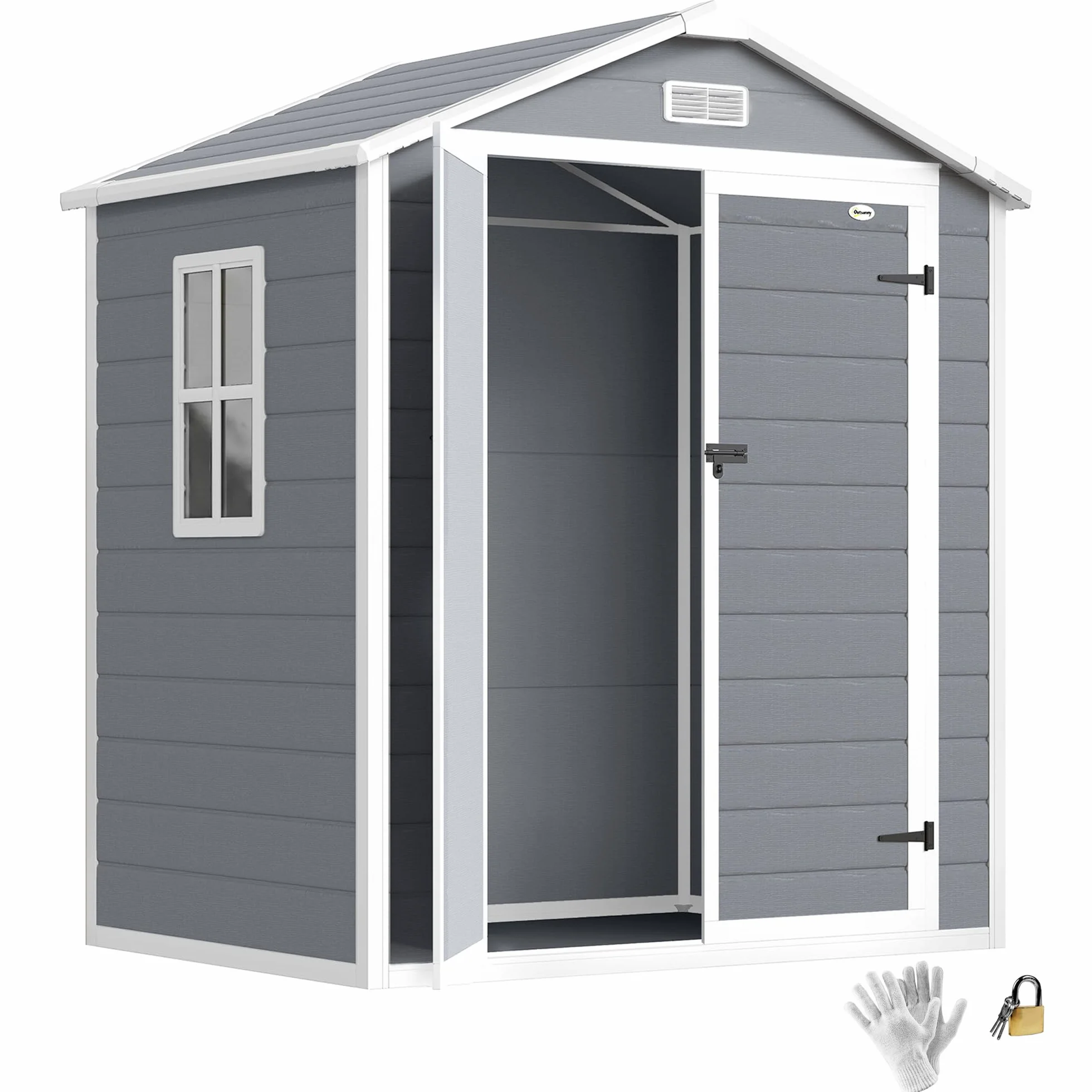 Outsunny Casetta da Giardino Porta Attrezzi in Finitura Effetto Legno Graffiato con Pavimento, 2.12m² Capanno da Giardino con Doppia Porte e Serratura, Tetto Inclinato, 183x134x210 cm, Grigio