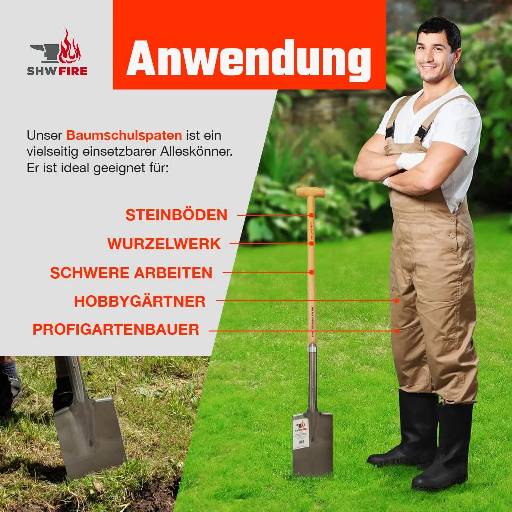 SHW-FIRE | Vanga per vivaio - 85 cm con manico T in hickory, robusta, per terreni duri e rocciosi, perfetta per lavori di giardinaggio e radicazione, durevole e di alta qualità | Prodotto in Germania