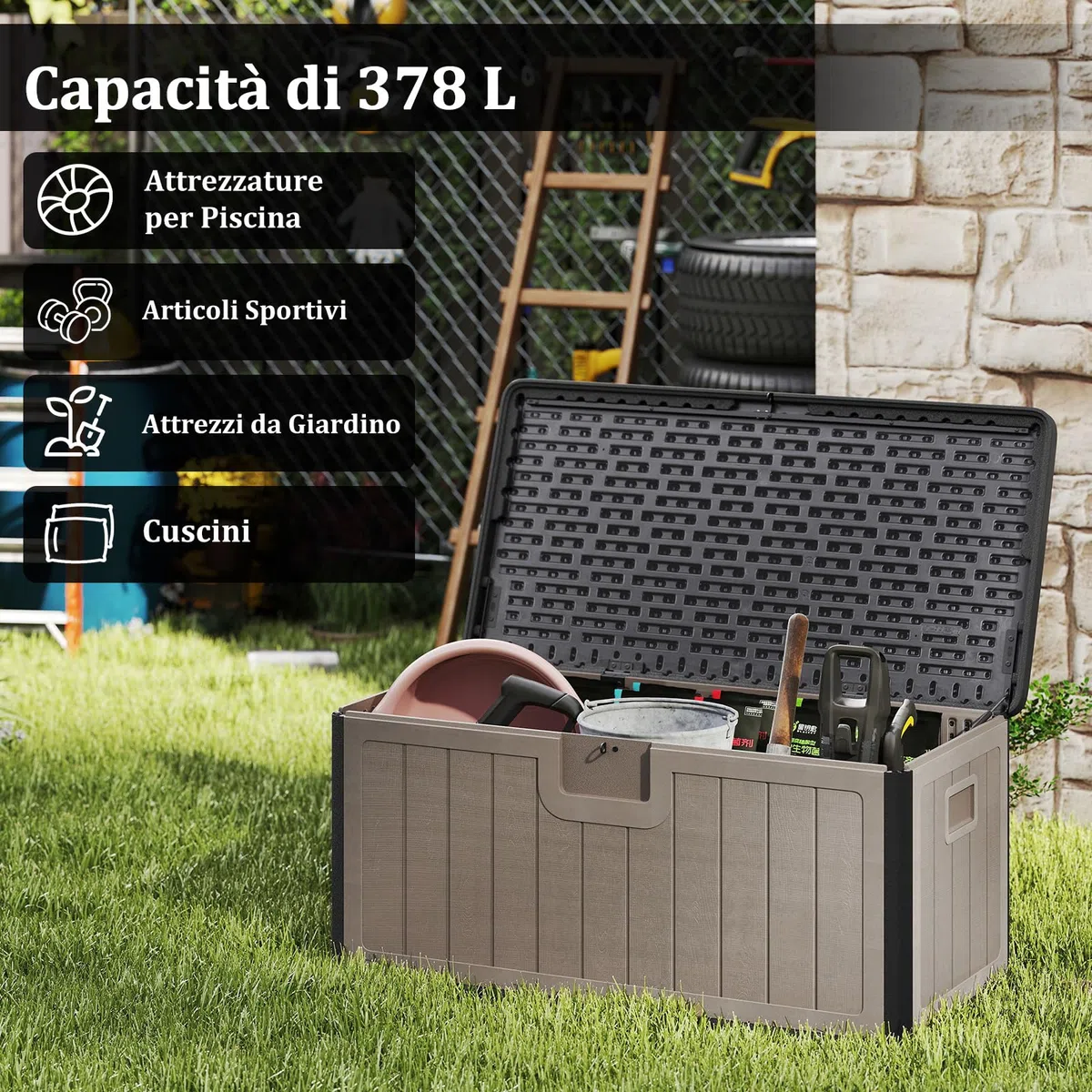 RELAX4LIFE Cassapanca Contenitore da Esterno cper Esterni da 378 L, in Resina per Interni ed Esterni con Coperchio Bloccabile, Impermeabile per,Attrezzi, Accessori per Piscina (MARRONE 2)