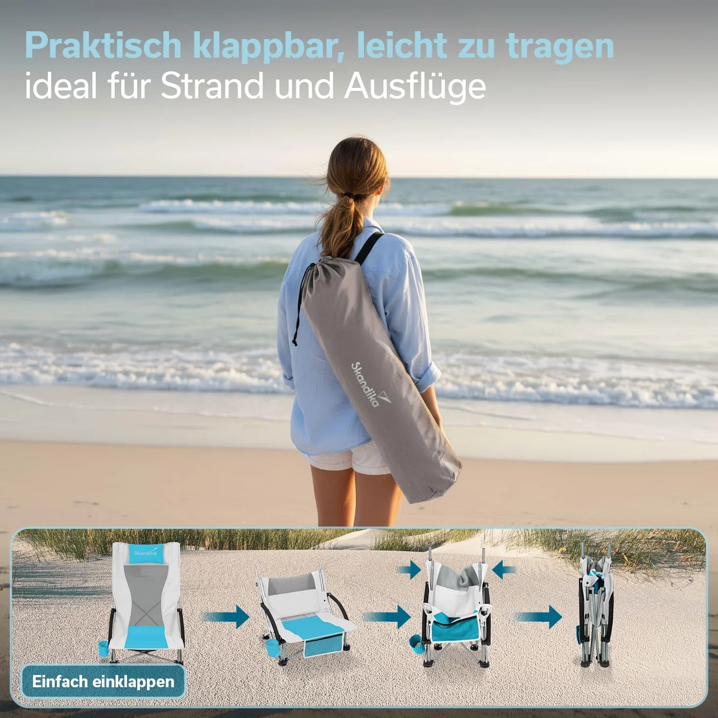 Skandika Sedia da spiaggia pieghevole - rete traspirante, portabicchieri, facile da trasportare e da piegare - peso massimo dell'utente 136 kg (beige/turchese)