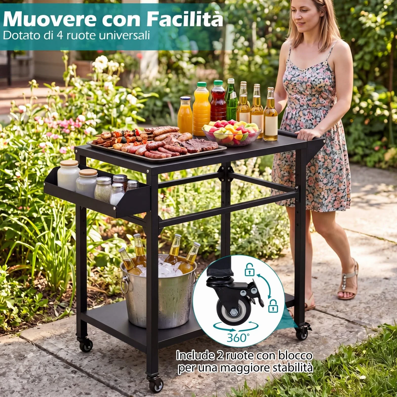COSTWAY Carrello per Barbecue 4 Ruote, Carrello Cucina da Esterno BBQ Metallo 100x80x45 cm