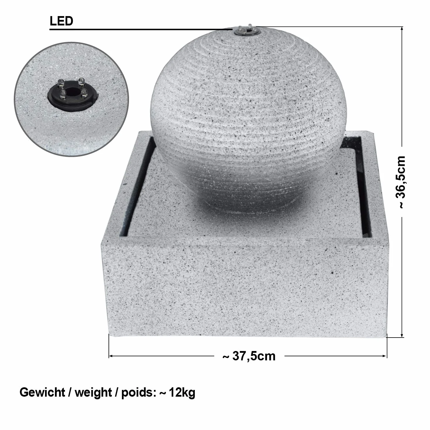 FONTANA DA GIARDINO, FONTANA MODERNA, FONTANA INTERNI, FONTANA PER INTERNI, FONTANA A LED, FONTANA PER GIARDINO, CON LUCI A LED (Fontana da giardino moderna grigio-chiaro con luci a led)