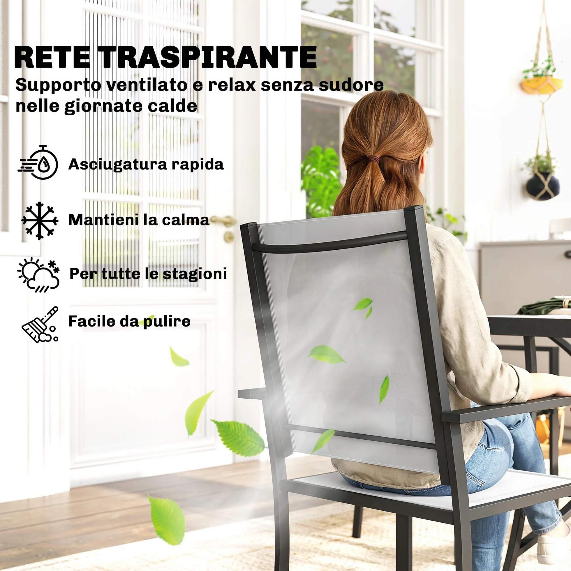 Outsunny Set Tavolo e Sedie da Giardino 5 Pezzi, Set Pranzo Esterno con 4 Sedie Impilabili Texteline, Tavolo Vetro Temperato, Foro Ombrellone, Acciaio, Grigio Chiaro