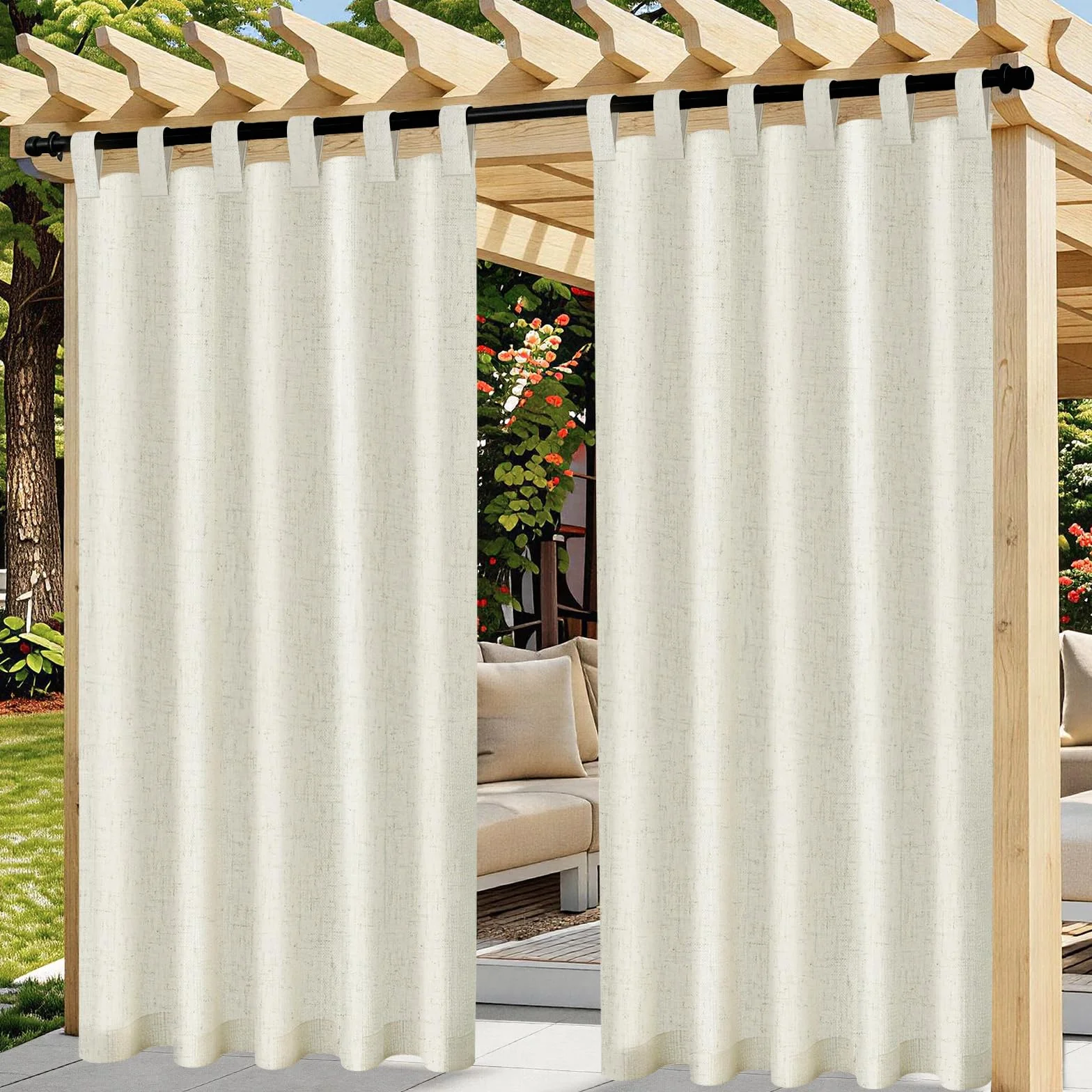 Tende da Esterno, 2 Pezzi Tende per Gazebo Antipioggia con Anelli, Lino Tenda per Esterno Impermeabili, Tenda Oscurante da Esterno per Terrazzo Porta Balcone Veranda Giardino Pergola(132x215cm,Beige)