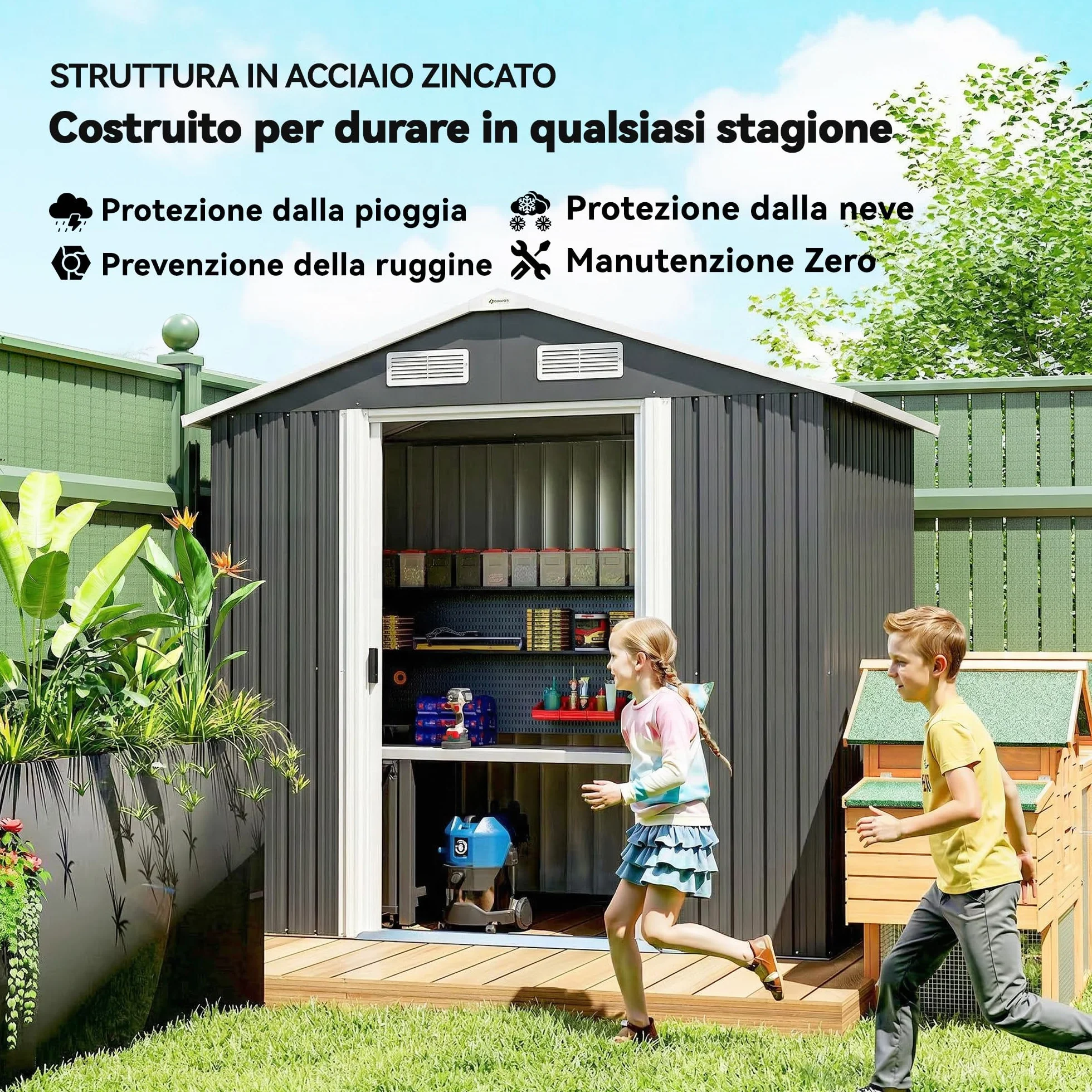 Outsunny Casetta da Giardino 2.8m² Acciaio Zincato con Prese d'Aria, Capanno Attrezzi 2 Porte Scorrevoli, 195.5x158.5x188 cm, Nero