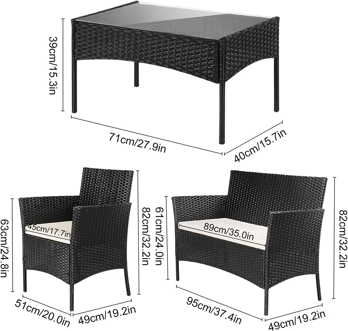 Set Di Mobili da Giardino in Rattan 4 Posti Salottino Salotto E Tavolino Con Ripiano In Vetro 2 Poltrone E Divano 2 Posti Con Cuscini Sfoderabili Giardino Esterno Piscina Veranda Terrazzo (Gray)