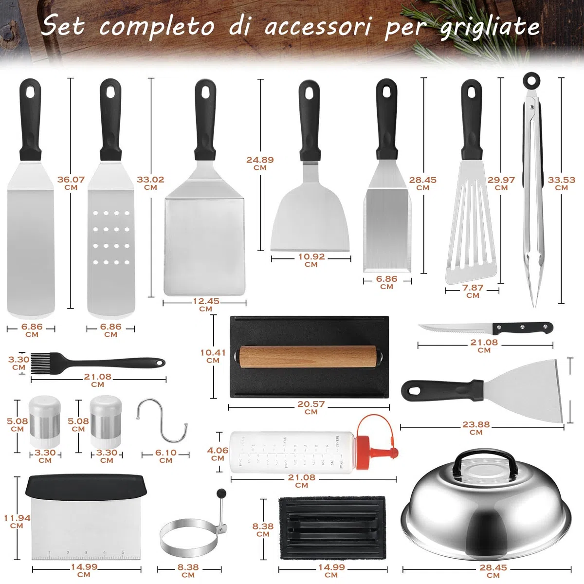 35PCS Set Barbecue Professionale - Acciaio Inossidabile Kit Barbecue, con Smash Burger Press & Spatola Pizza & Patty Maker & Attrezzi Barbecue, per Barbecue, Picnic, Campeggio