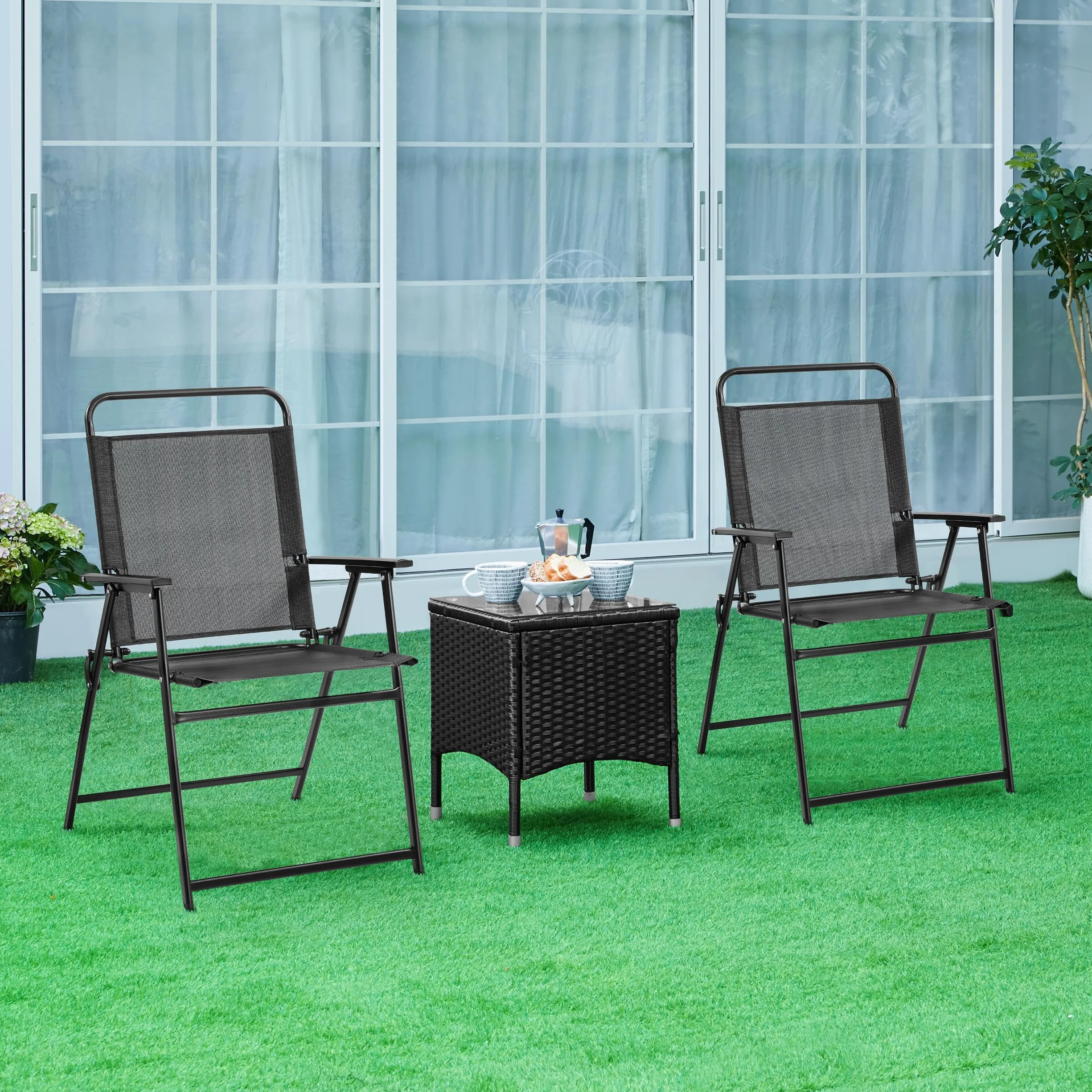 Yaheetech Set 2 Sedie da Giardino Pieghevoli con Braccioli Telaio in Metallo Seduta in Tessuto Portata 100 kg Nero