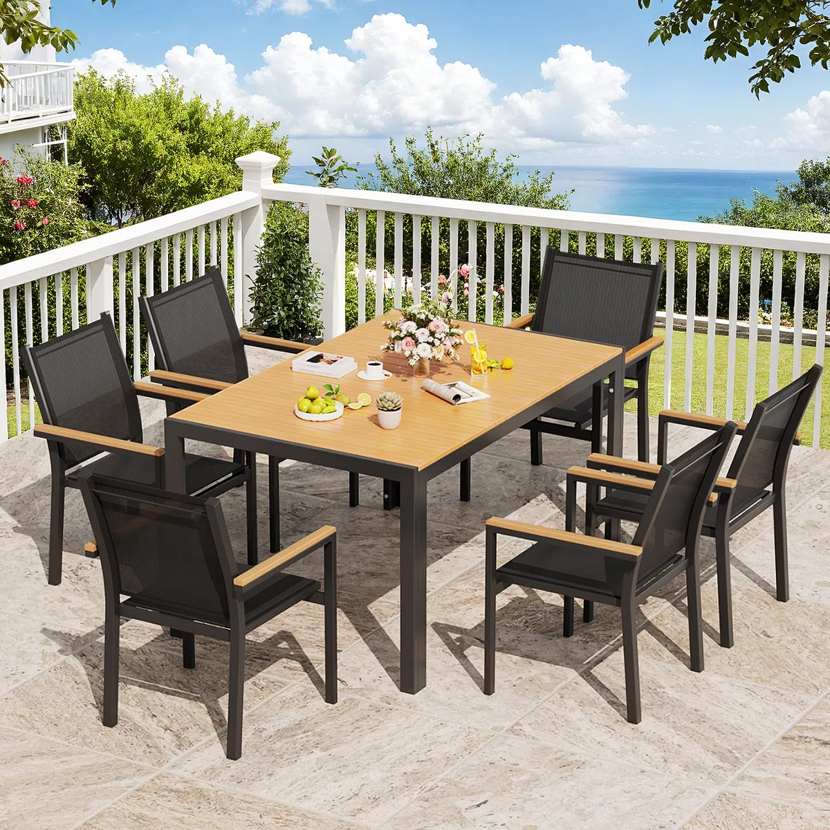 LIFERUN Tavolo da giardino grande, resistente alle intemperie, 140 x 90 x 75 cm, in alluminio, con piano in WPC, tavolo da pranzo rettangolare, per 6 persone, robusto giardino, terrazza, balcone