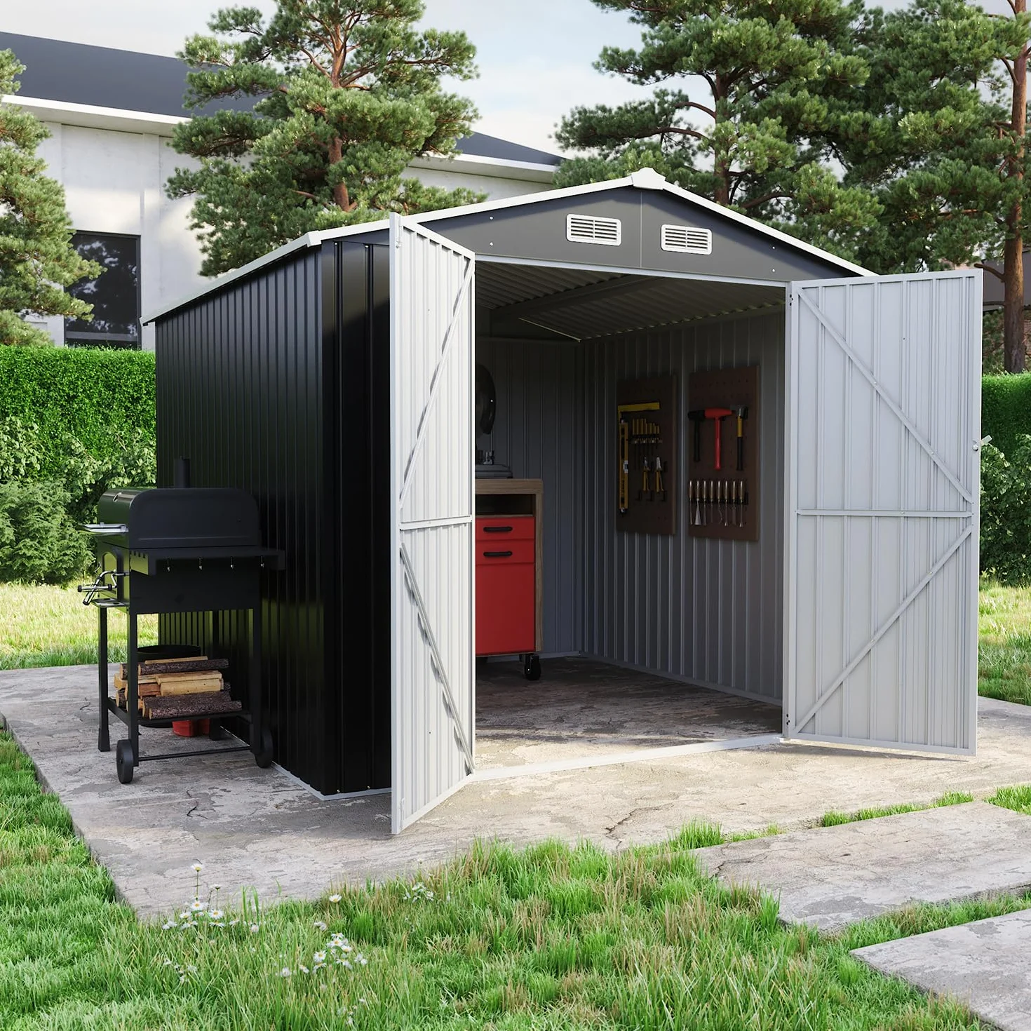 Casetta Da Giardino In Acciaio Zincato 2,56x2,56xh2,16m, 6,55mq, Deposito Attrezzi con Tetto Spiovente, Porta Battente (Nero)