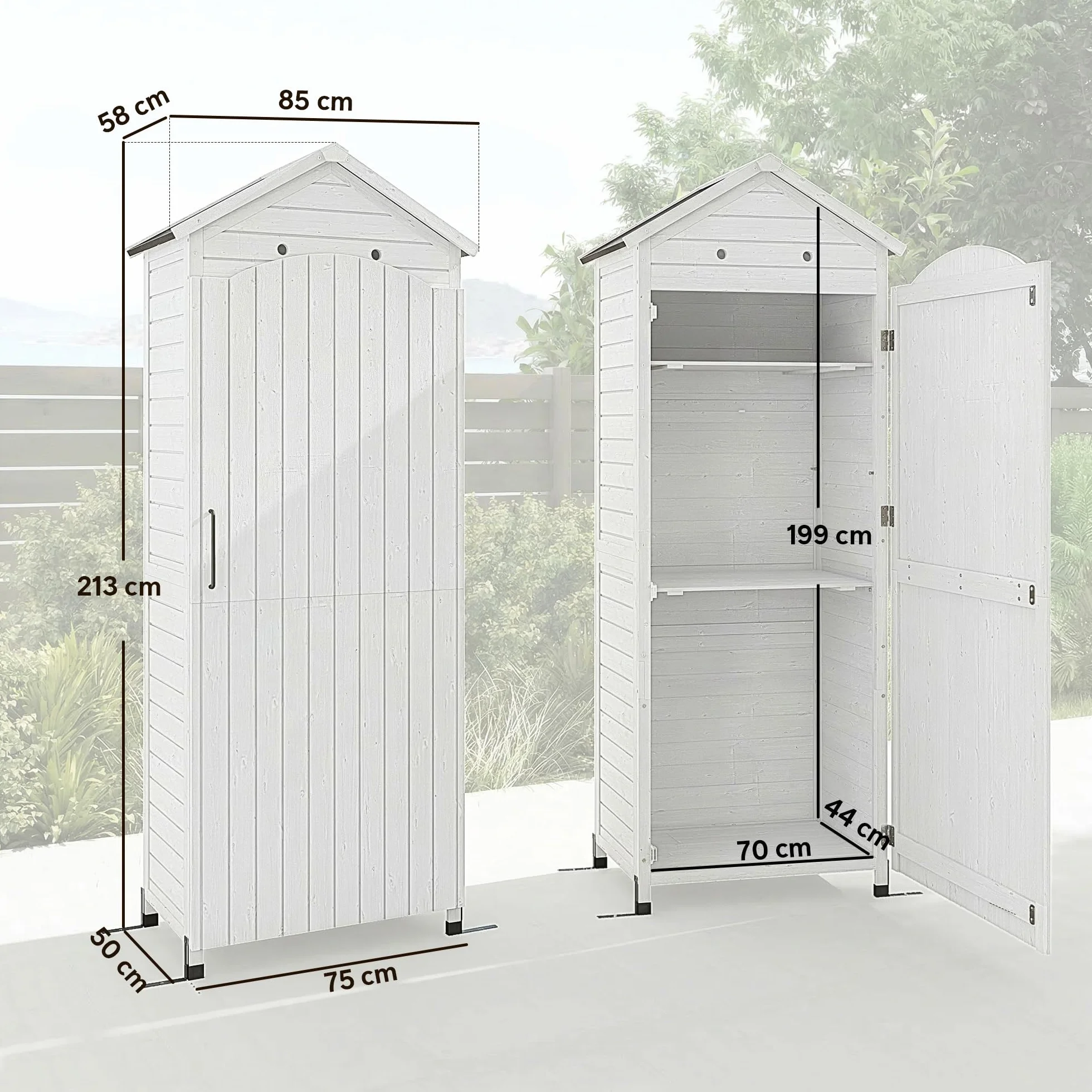 Outsunny Armadio da Giardino in Legno Alto, Casetta Porta Attrezzi da Esterno con Tetto Inclinato Zincato, Ripiani Regolabili, Prese d'Aria, Kit Antiribaltamento, 85x58x213cm, Finitura Goffrata Bianco