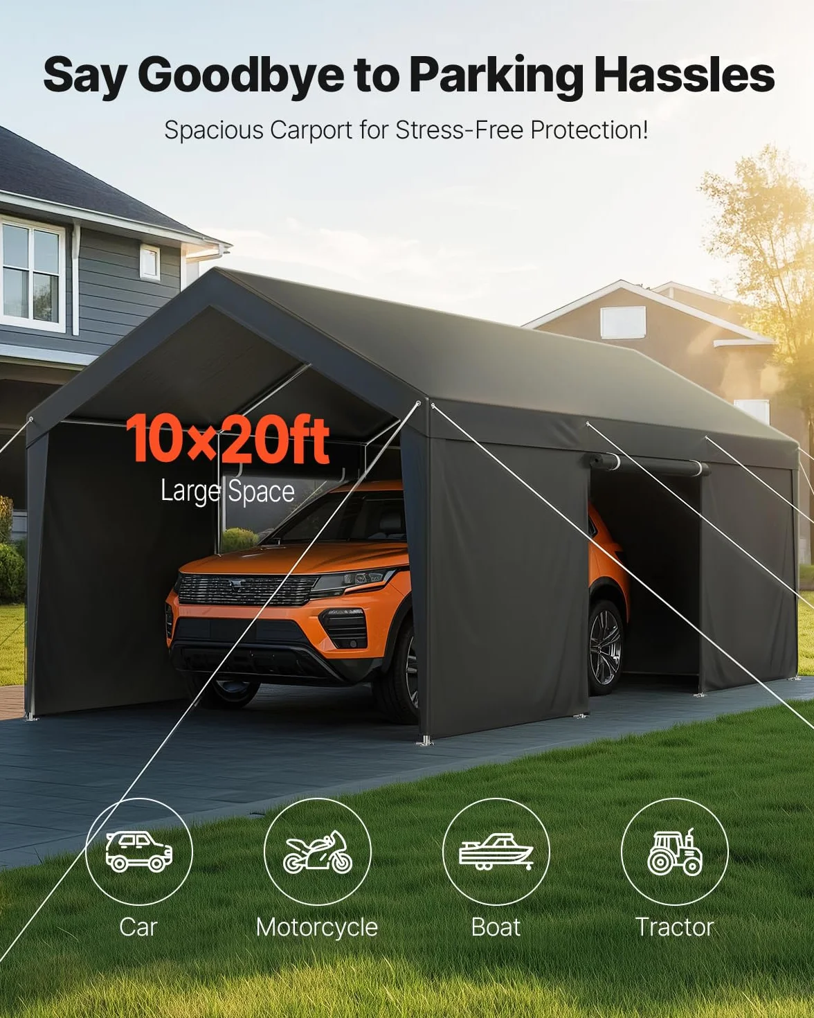 VEVOR Posto Auto Coperto Esterno, Riparo per Auto 3,05 x 6,09 x 2,87 m, Tettoia Potabile con Pareti Laterali e Porta Rimovibili, Resistente ai Raggi UV e all'Acqua, per Auto e Barca, Grigio