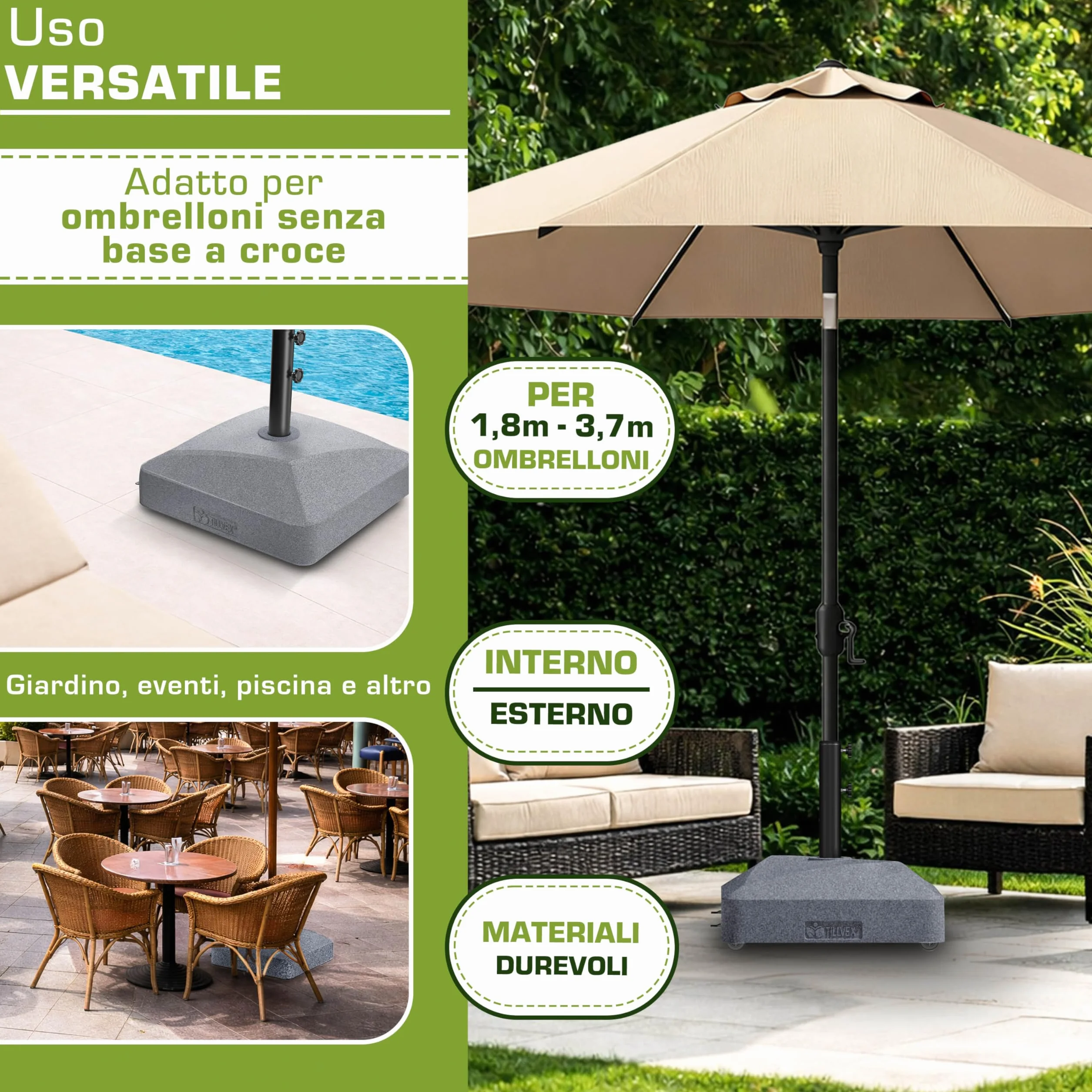 tillvex® Base per ombrellone GRAVIA e Ruote e Freni | Zavorra ombrellone riempibile 37L/56kg | Piedistallo per ombrelloni Giardino e Mercato Ø1,8-3,7m | Resistente a intemperie e UV (Effetto Granito)