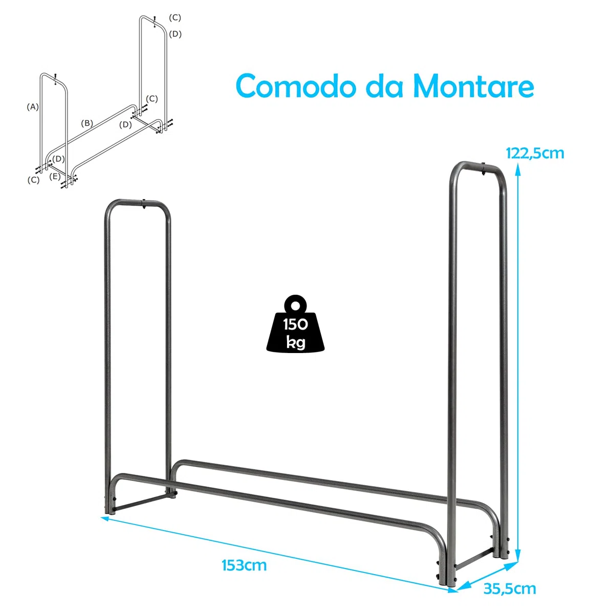 COSTWAY Porta Legna da Esterno 153 cm, Portalegna con Copertura in PVC Impermeabile e Struttura in Ferro, Nero