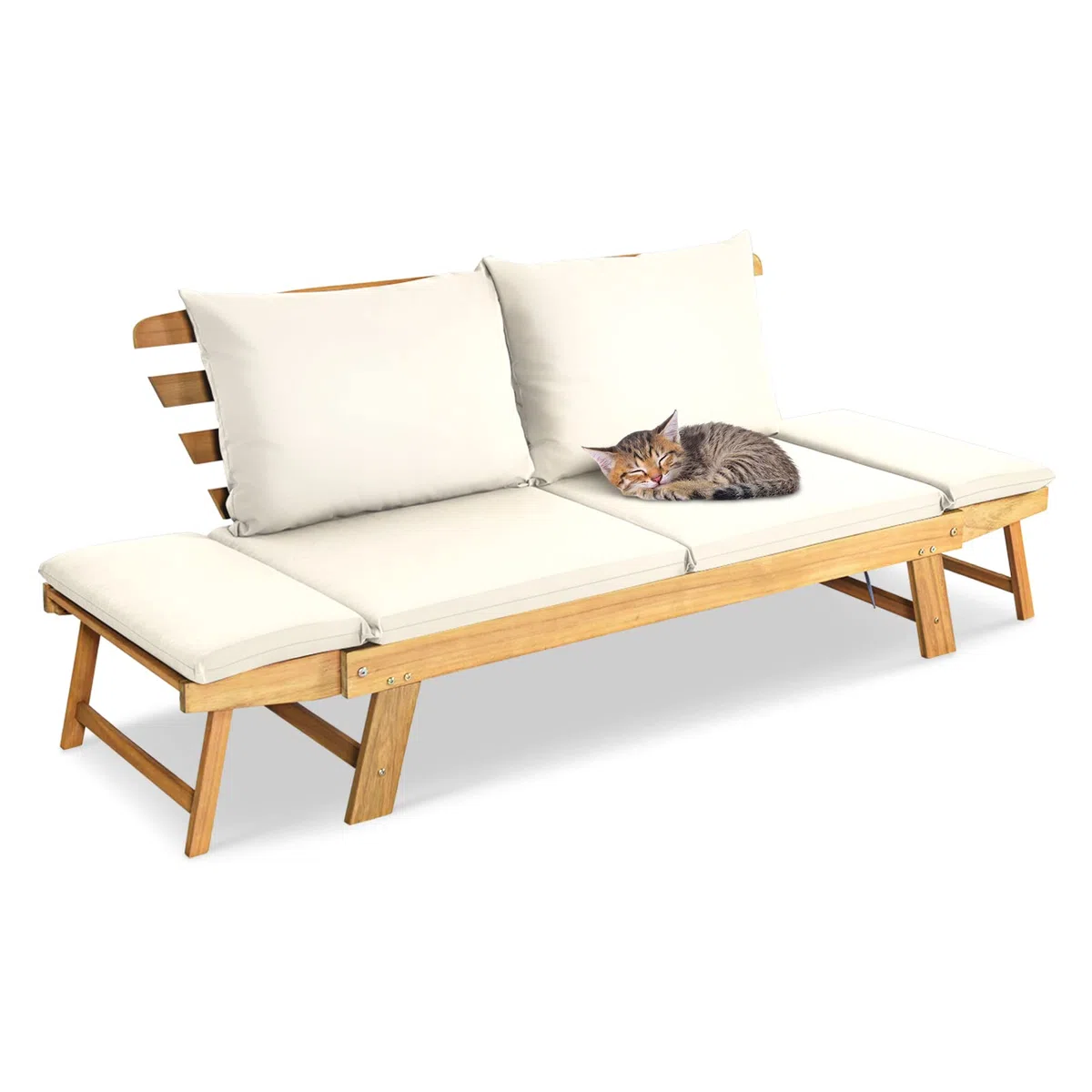 KOMFOTTEU Divano Esterno Giardino 2 Posti, 2 in 1 con Cuscino Morbido, Divanetto da Esterno in Legno di Acacia con Braccioli Regolabili, Sdraio per Terrazza e Cortile, 198/157 x 75 x 75 cm (Bianco)