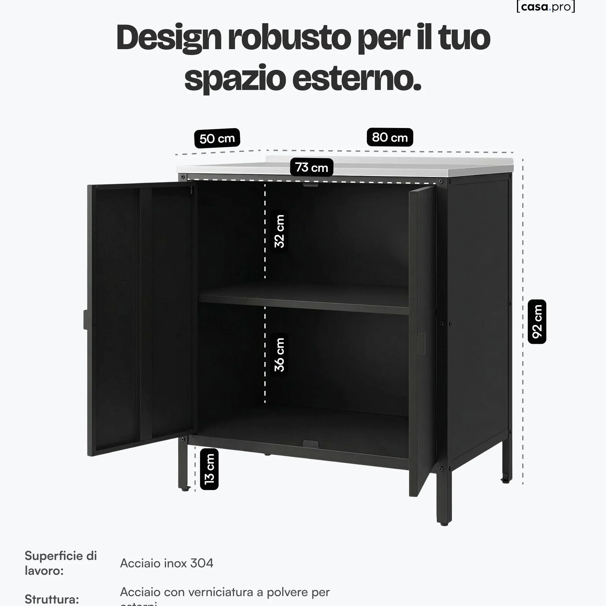 casa.pro Armadio da Giardino Mobile Organizzatore da Esterno 92 x 80 x 50 cm Armadietto in Acciaio con 2 Ante e Ripiano Piedini Regolabili per Livellare - Nero Opaco
