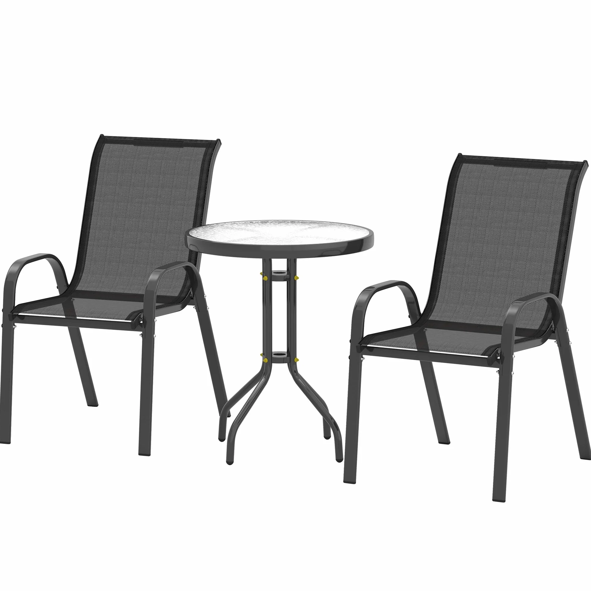 Outsunny Set da Bistro 3 Pezzi con Sedie Impilabili e Tavolino Rotondo in Acciaio e Vetro, Nero