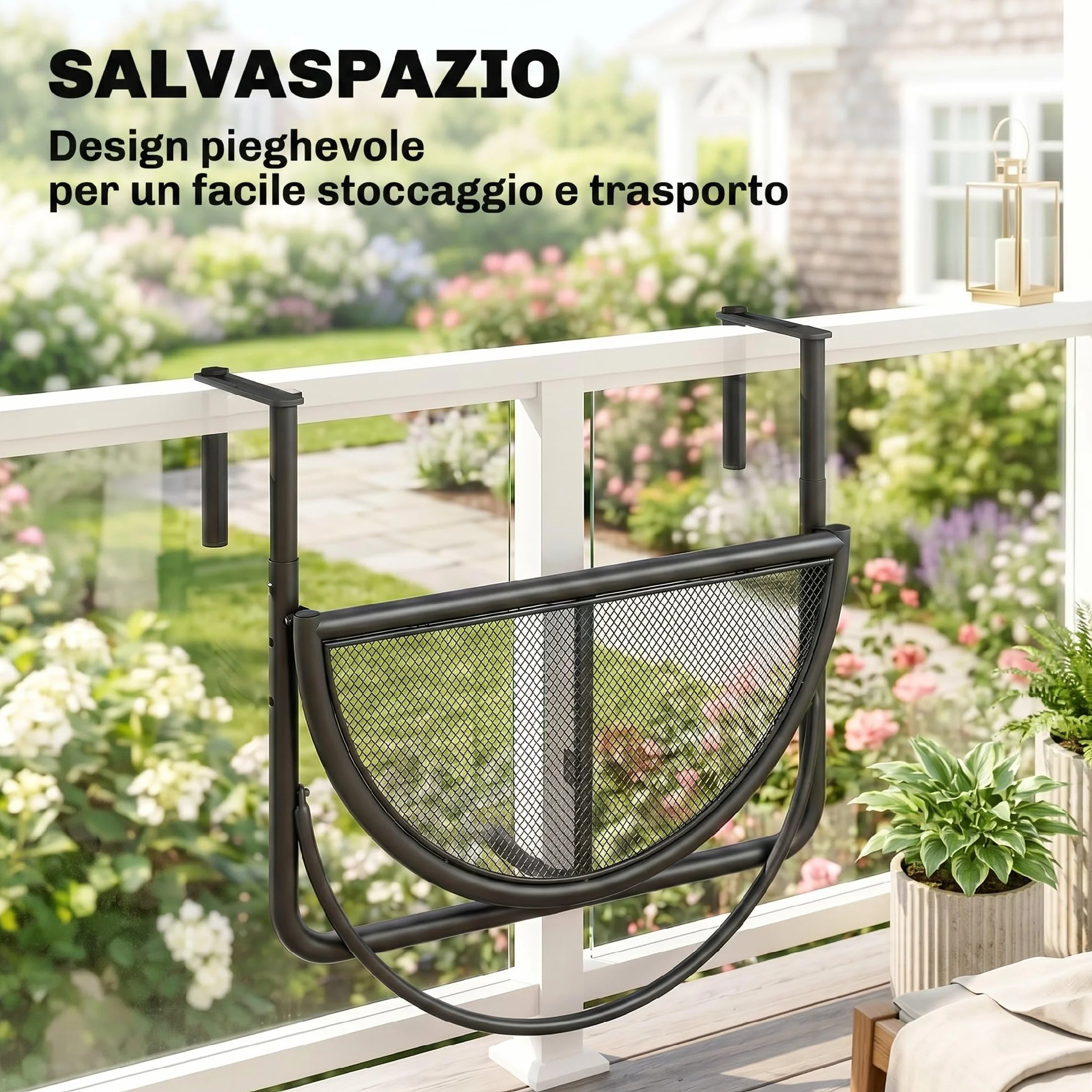 Outsunny Tavolino da Appendere alla Ringhiera del Balcone Regolabile in Altezza Ferro 60 x 45 x 50 cm Nero