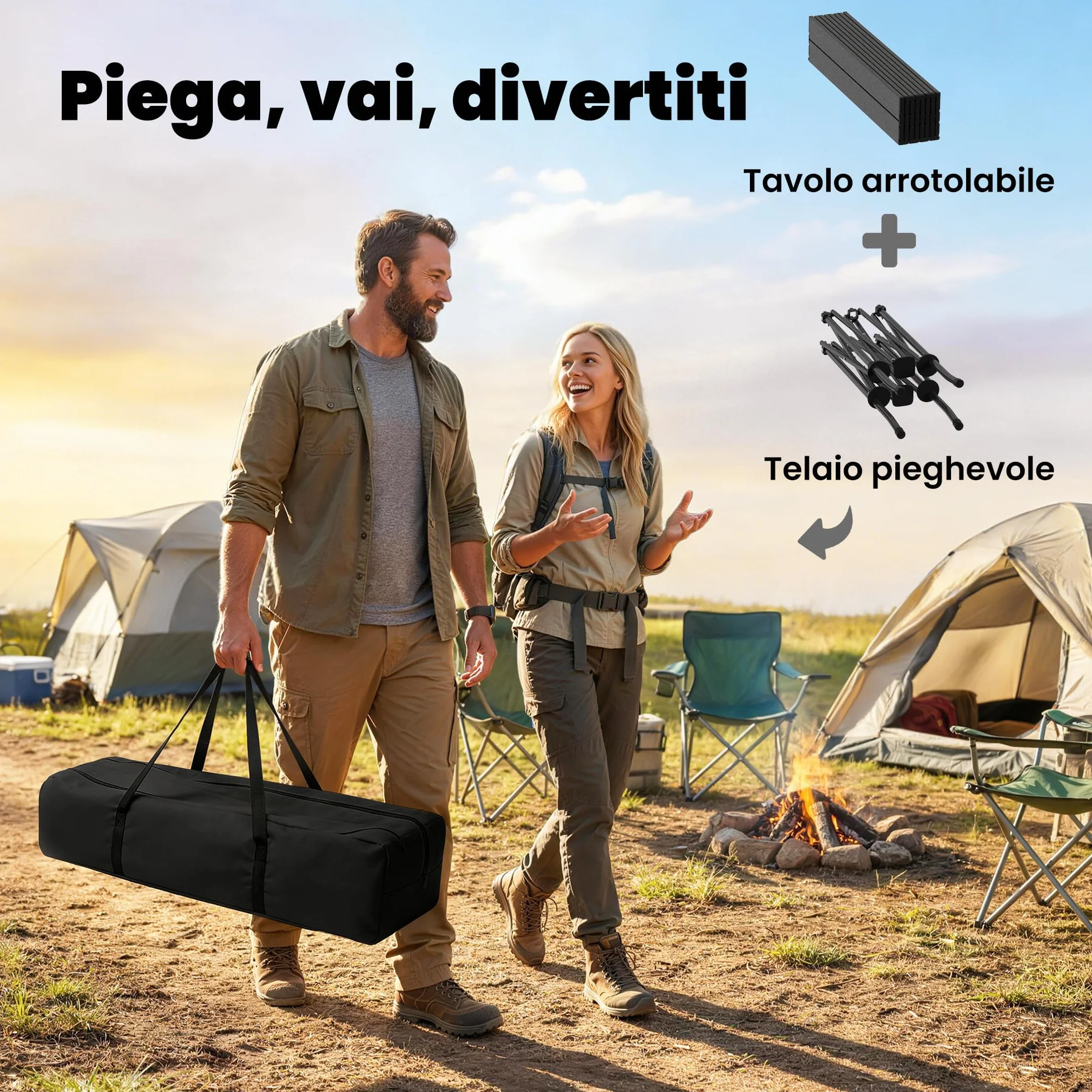 Outsunny Tavolo da Picnic Pieghevole 93cm con Rete Portaoggetti e Borsa, Struttura in Metallo, Nero