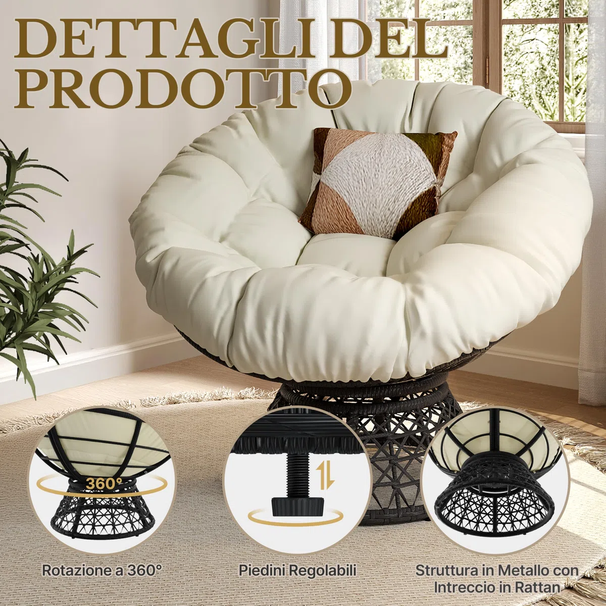 Yaheetech Poltrona da Giardino Girevole 360° Rattan Sedia Dondolo Rotonda Papasan Cuscino Diametro 120 cm Nero/Beige