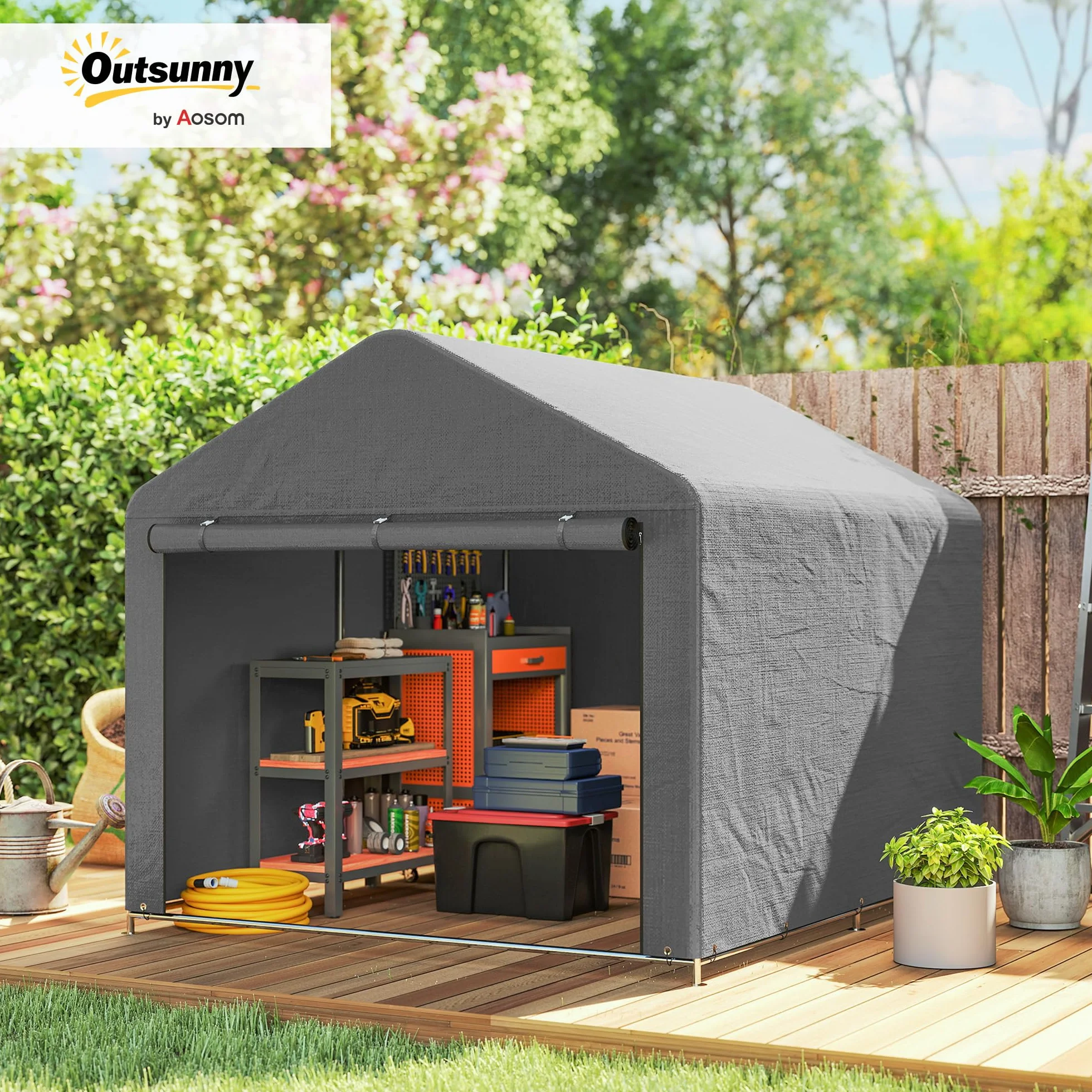 Outsunny 2x2.4 m Garage Moto per Esterno, Tenda Garage con Copertura Impermeabile, Porta Avvolgibile a Cerniera, per Biciclette e Attrezzi in Acciaio Zincato, da Giardino, Grigio Chiaro