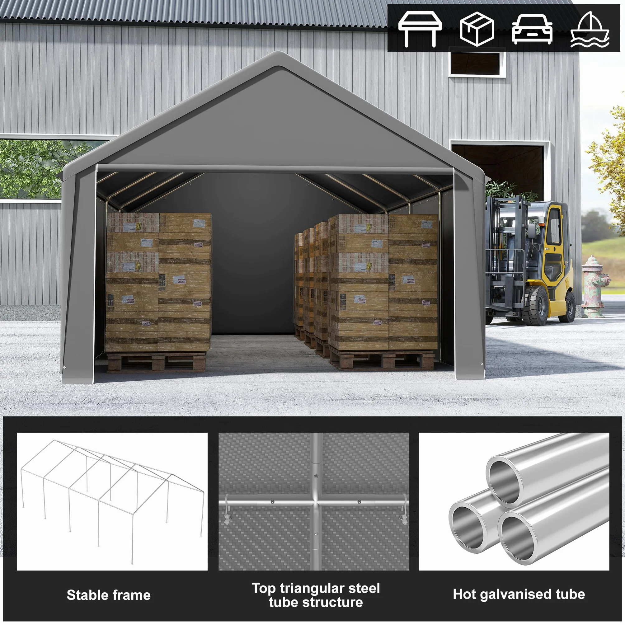 LZQ Tenda da magazzino, 4 x 8 m, tenda per attrezzature, casetta degli attrezzi e garage con robusto telo in polietilene, resistente alle intemperie, con rinforzo sul tetto e telaio per attrezzi