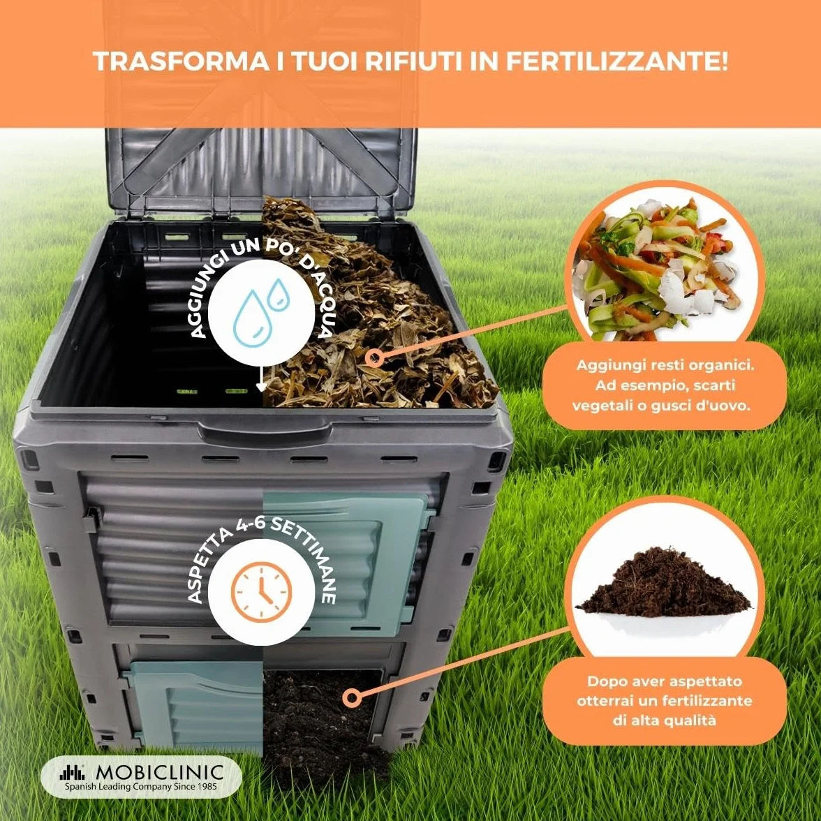 Mobiclinic®, Compostiera da giardino, Biopattumiera, Senza costi aggiuntivi, 300l, Ecologico, Trasformatore di rifiuti, Attrezzi, Griglie ventilazione, Plastica riciclata