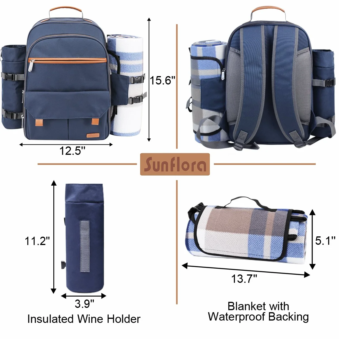 Sunflora Zaino da Picnic 4 Persone con Coperta, Borsa da Picnic con Custodia Cestino da Picnic per 4 Persone Impermeabile Isolata per il Camping Esterno della Famiglia (Blu Navy)